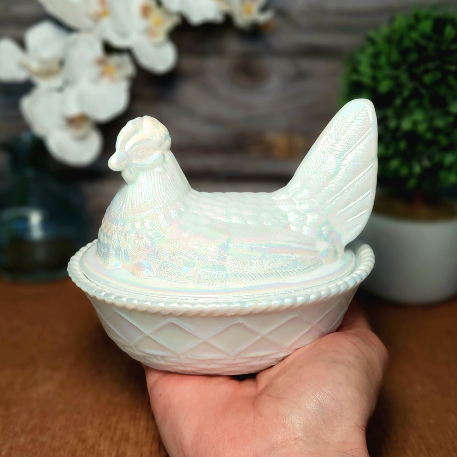 Pearl Carnival Glass Hen on Nest Chicken Candy Dish, Depression Style, VTG Decor