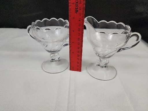 Footed Glass Creamer and Sugar Bowl Clear Glass with Scalloped Edge And Handles