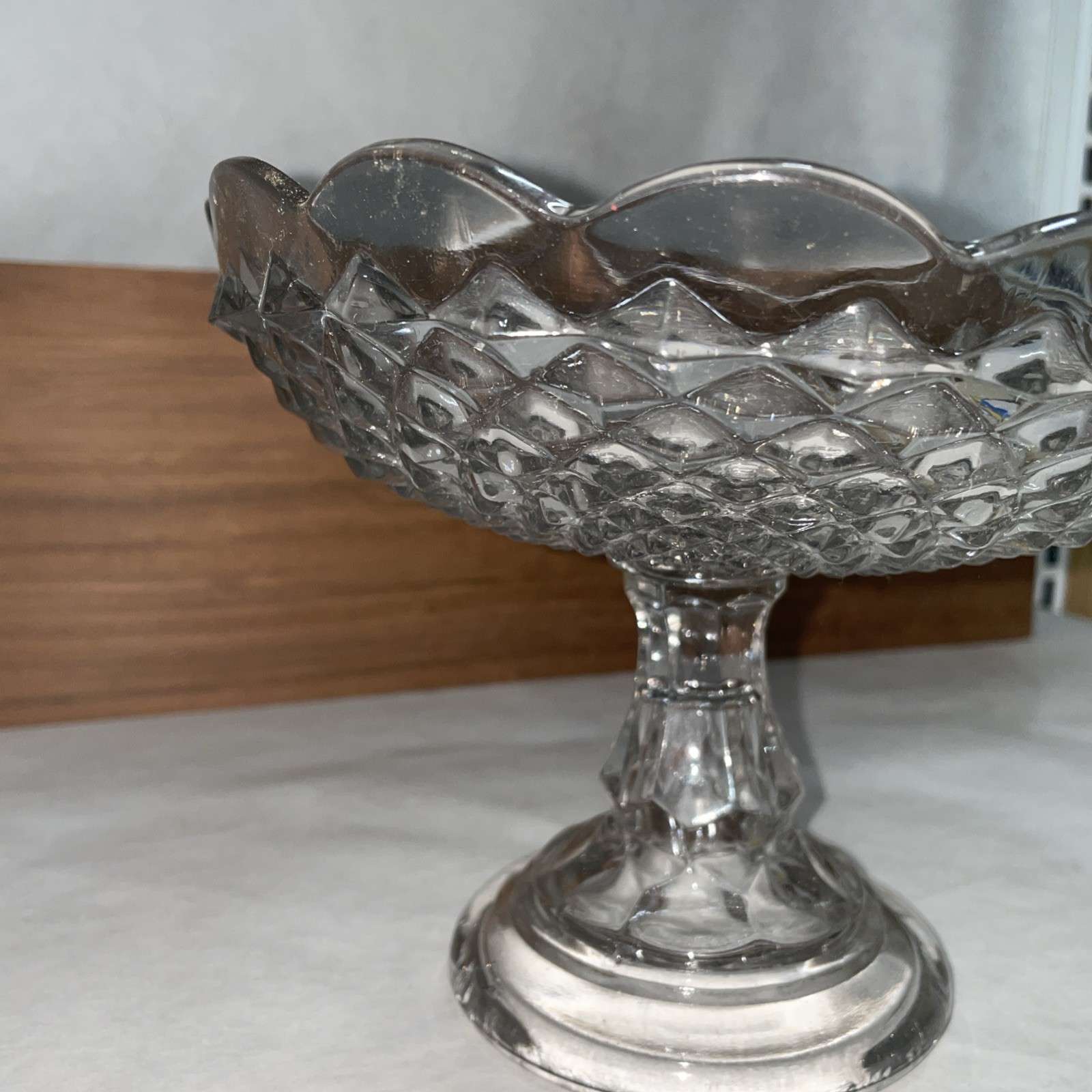 Pressed Glass Pedestal Candy Dish or Compote Scalloped Edge Bowl 6.5”H X 9”W