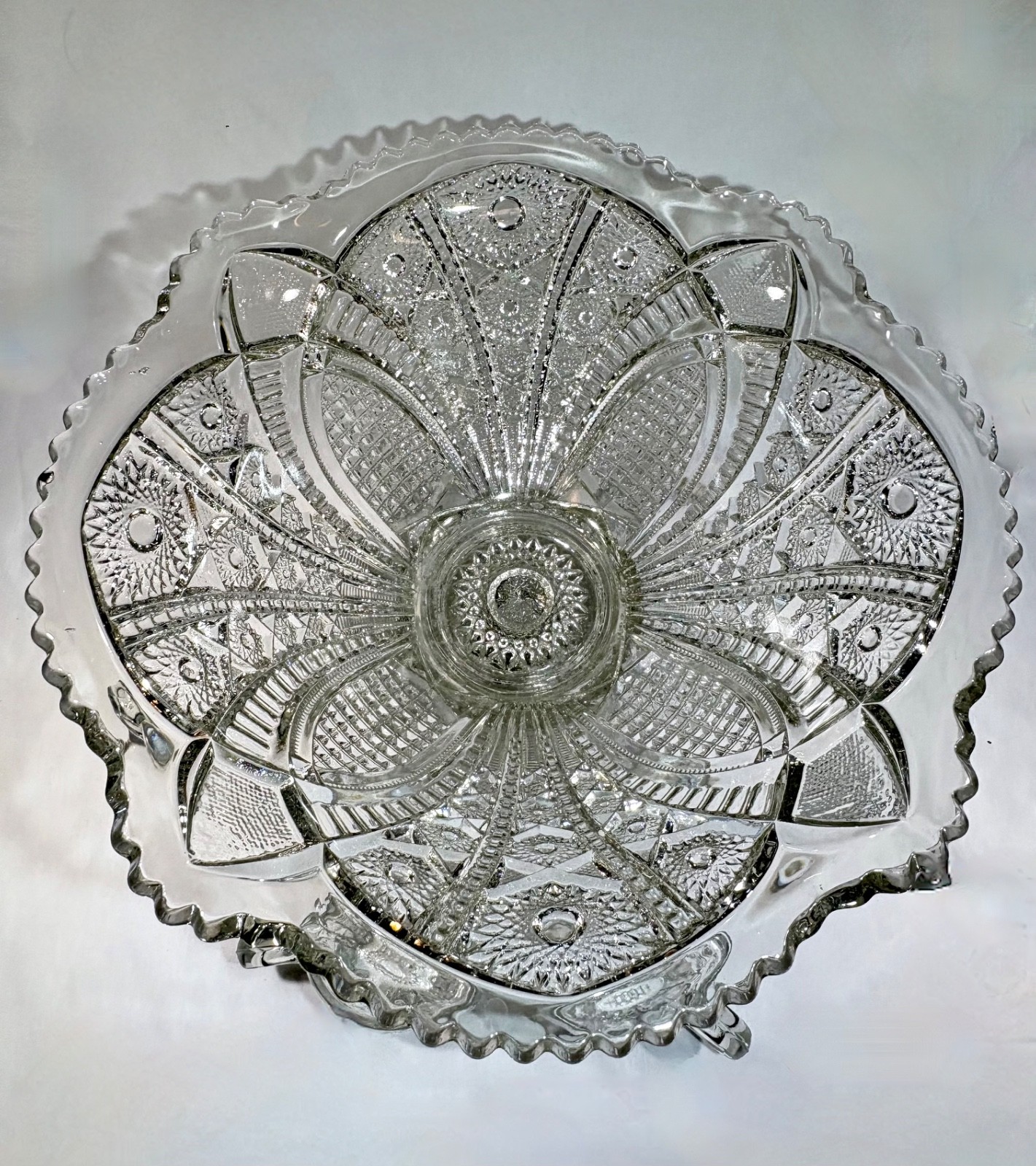 Antique Indiana Glass Paneled Daisy and Fine cut Clear Punch Bowl Base & 6 Cups