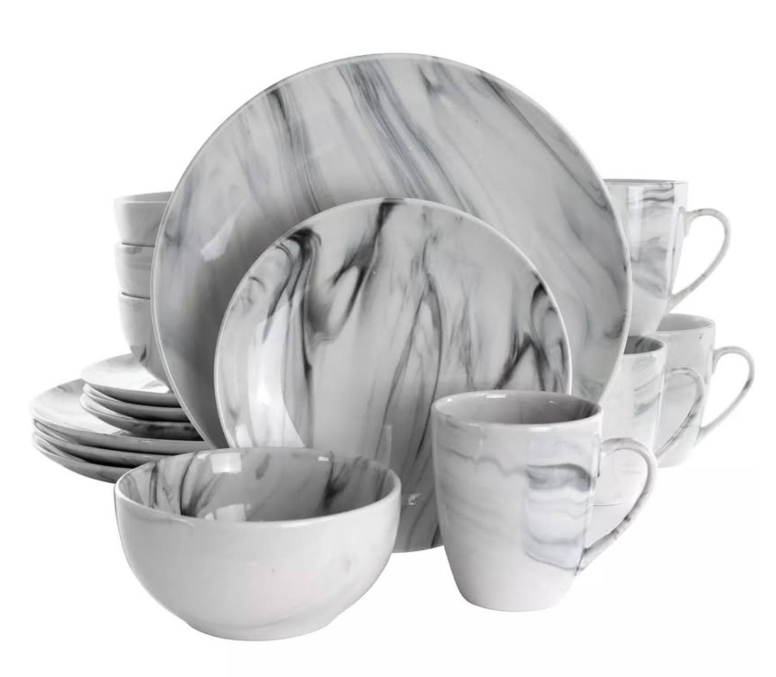 ELAMA FINE MARBLE BLACK WHITE DINNERWARE STONEWARE 16 PCS SET FOR 4 NEW NIB