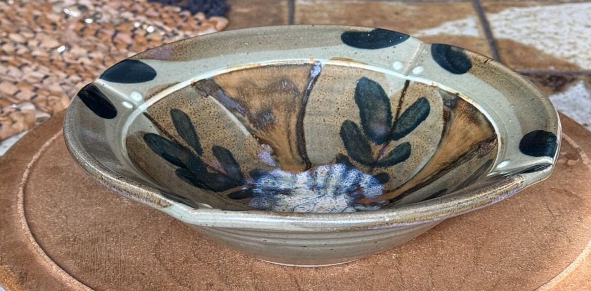 Studio Pottery Bowl Glaze Pinch On 4 Sides Handmade 8.25”D