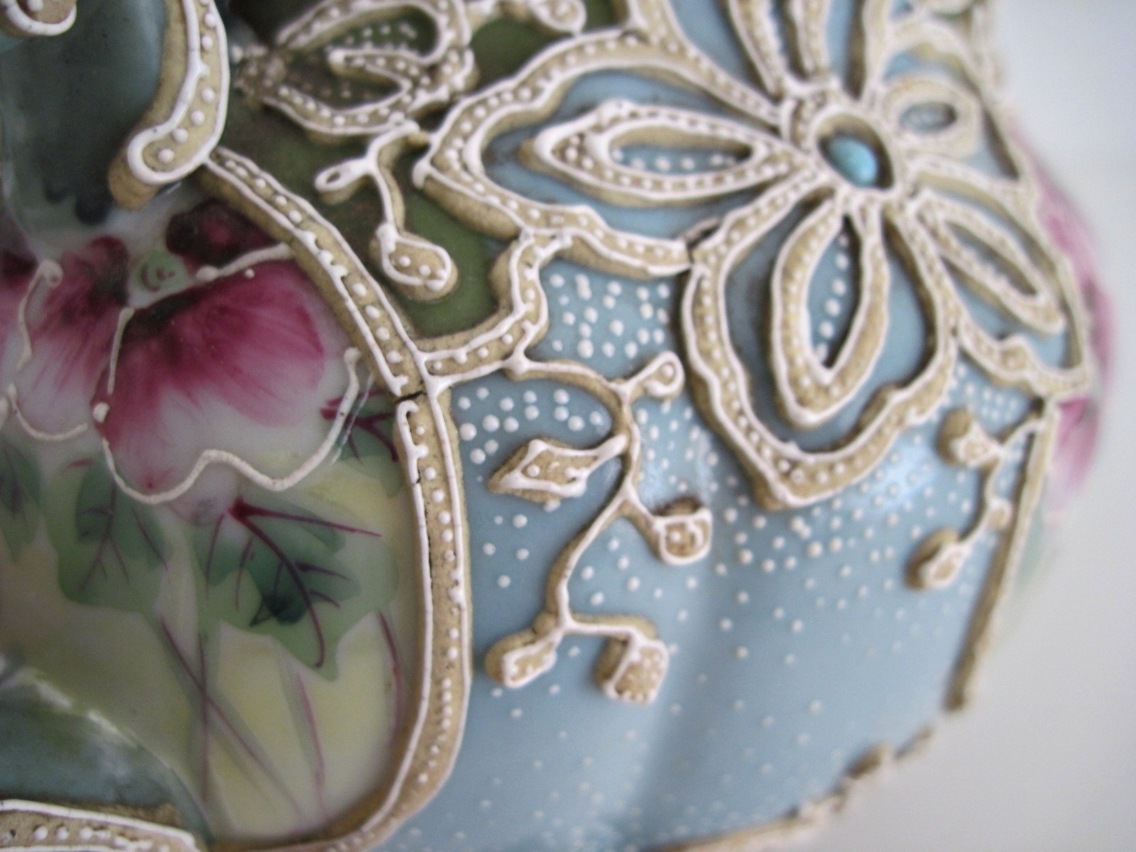 Antique Nippon Moriage Teapot Green Blue With Hand Painted Flowers READ