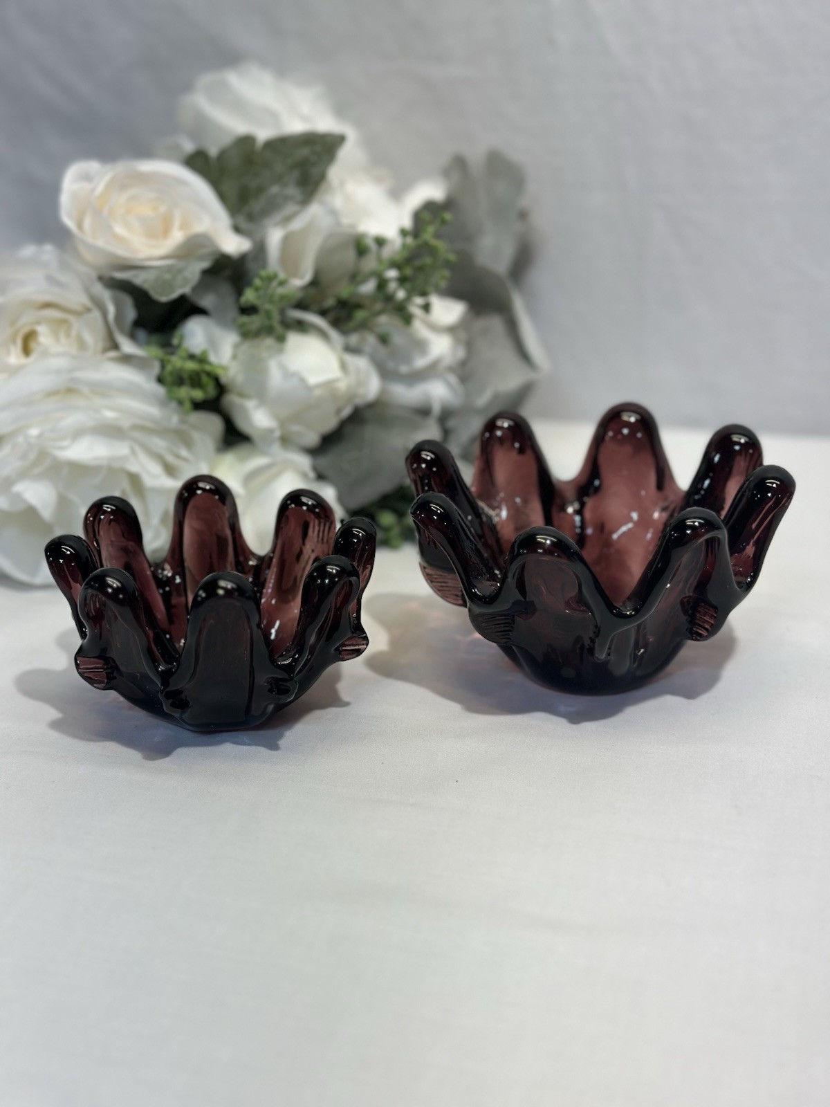 Pair Of Vintage Amethyst Purple 8 Finger Art Glass Dishes 2.5” & 3” Blown Glass