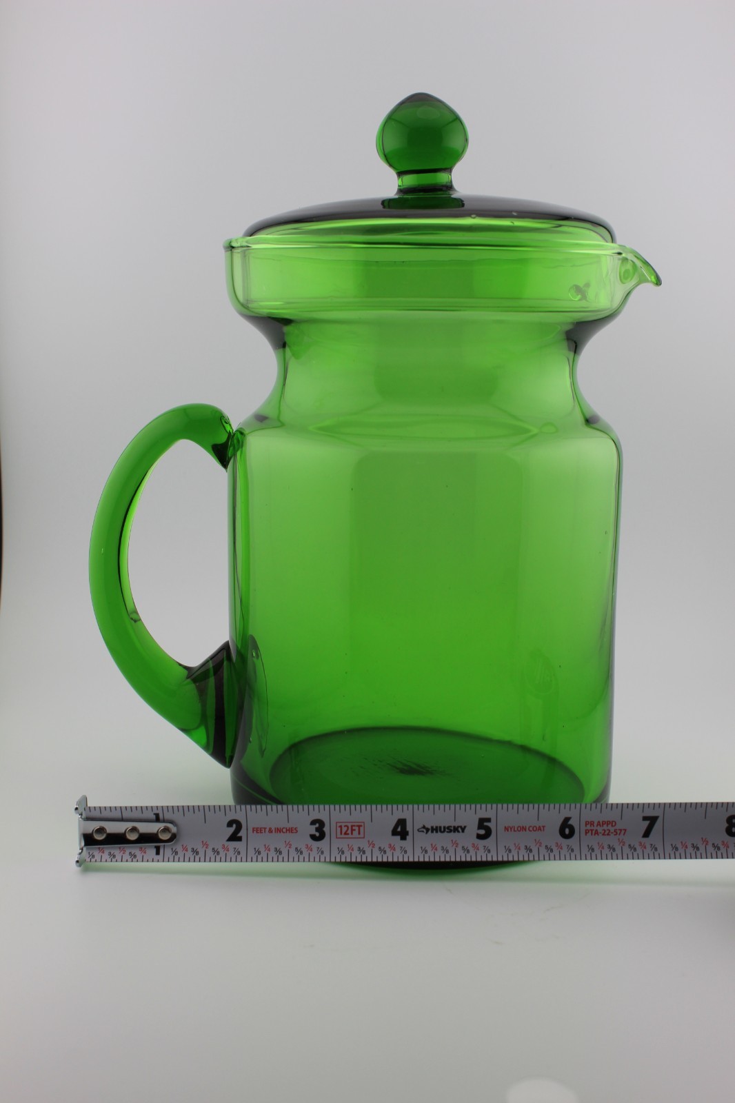 Hand-Blown Glass Drink Pitcher w/ Lid Forest Green MCM Applied Handle 9 3/8″ H