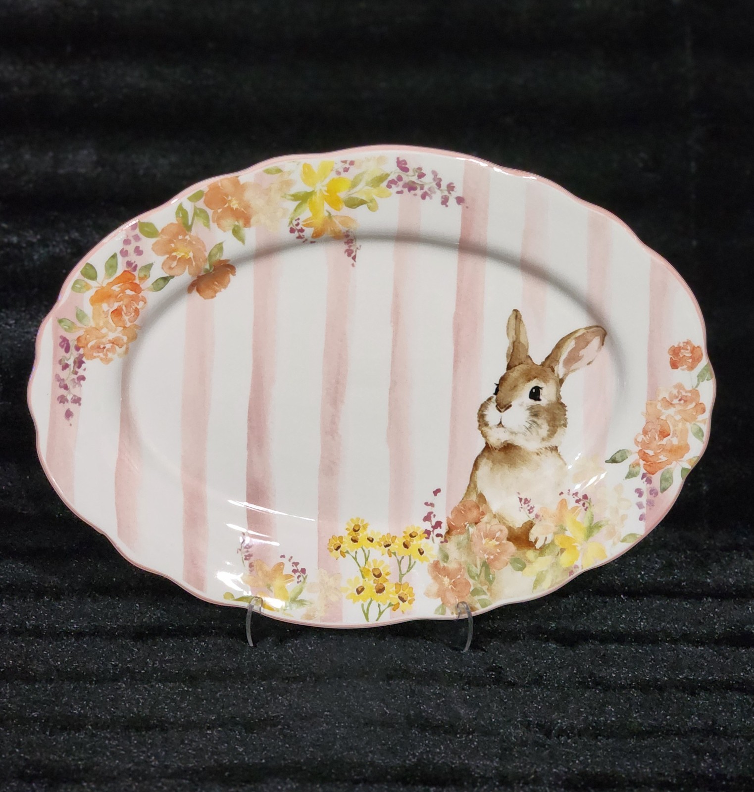 4 Pink White Floral Bunny Striped Tidbit Plates 4.4″ Ceramic Easter Watercolor