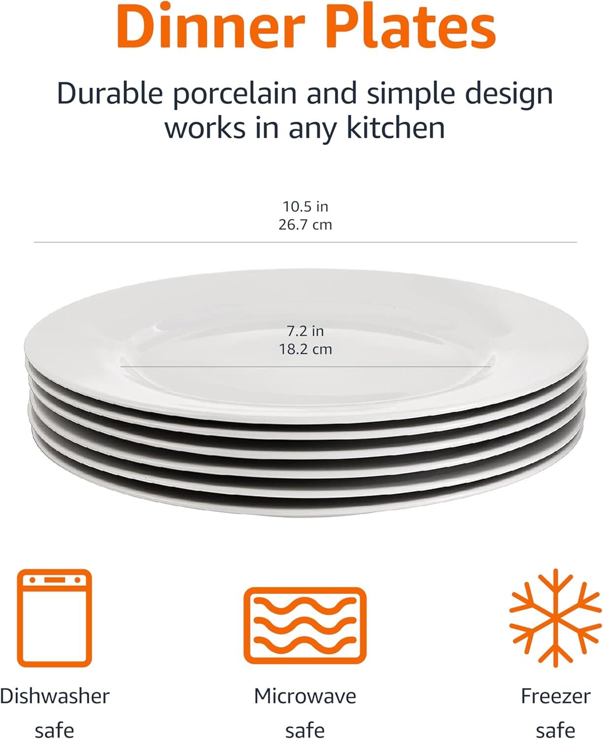 6-Piece White Dinner Plate Set, 10.5 inches inches,