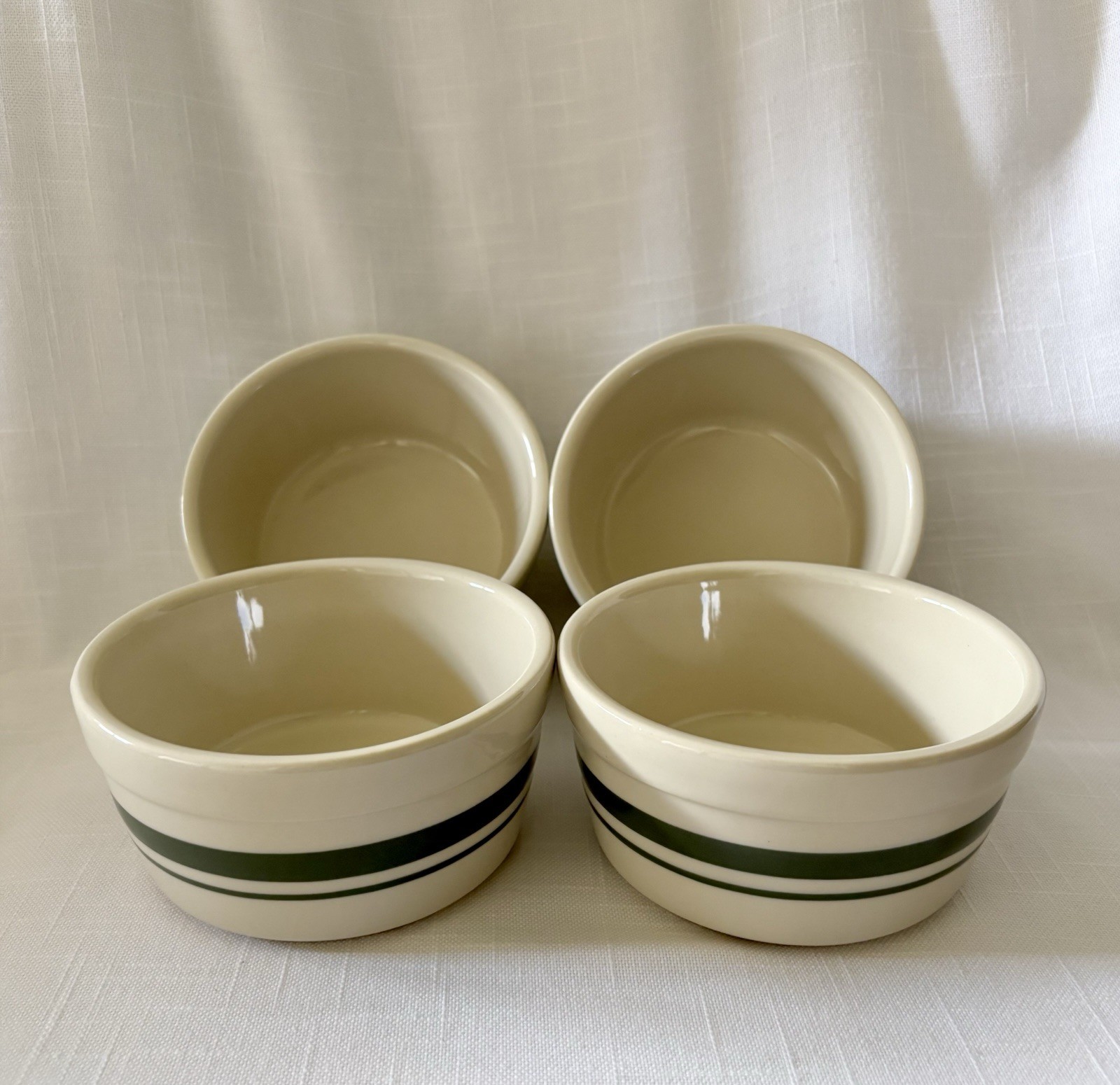 ROSEVILLE Friendship Pottery Green Stripe Flat Bottom 5” Cereal Bowls~ Set of 4!