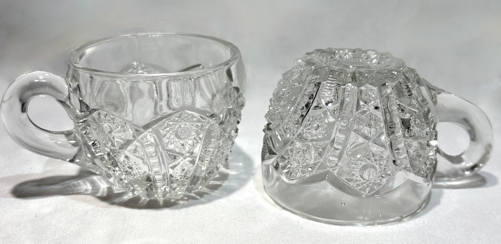 Antique Indiana Glass Paneled Daisy and Fine cut Clear Punch Bowl Base & 6 Cups