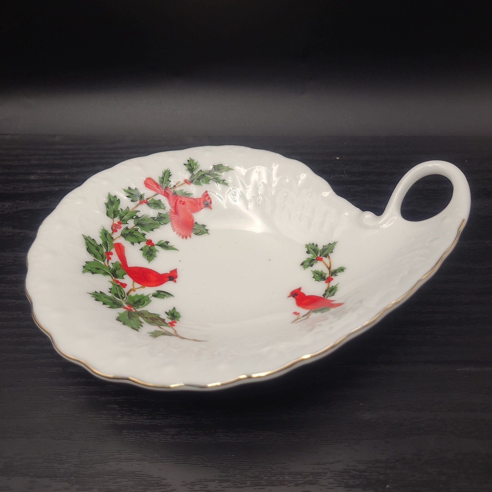 Vintage 1988 Lefton Bone China Red Cardinals & Holly Trinket Dish