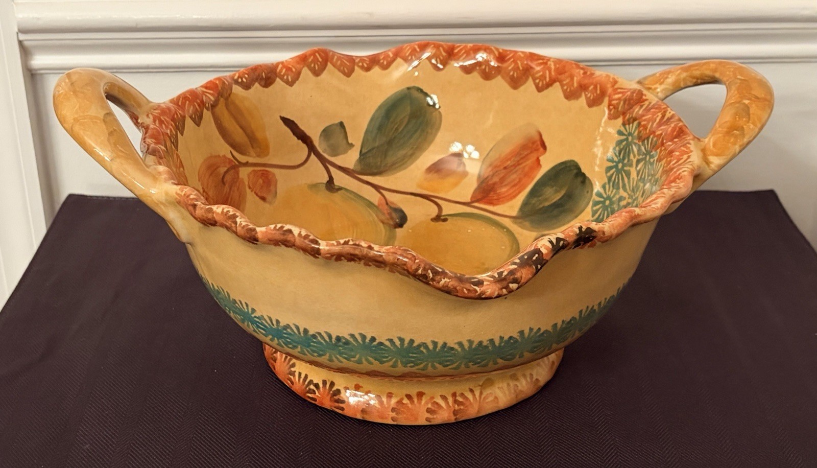 Vintage Italian Hand Painted Majolica Centerpiece Fruit Bowl Double Handle 14”
