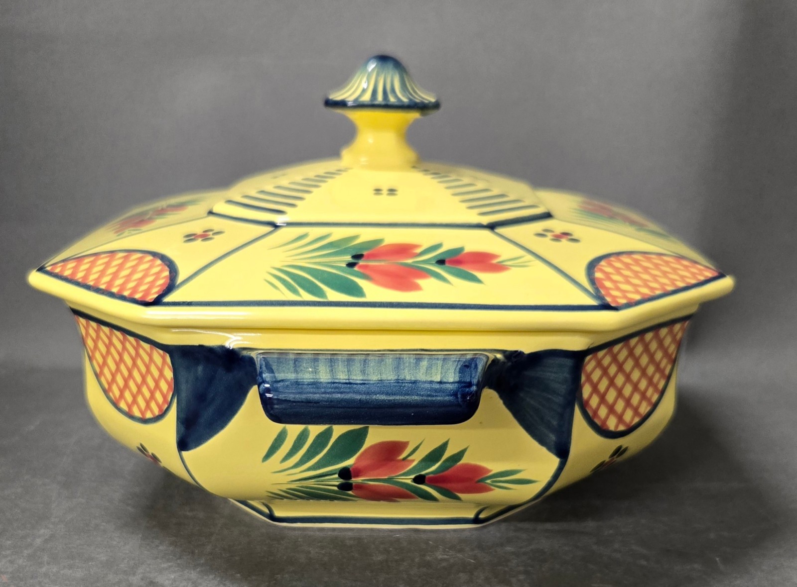 Henriot Quimper Breton Covered Octagon Casserole Dish Yellow France Large