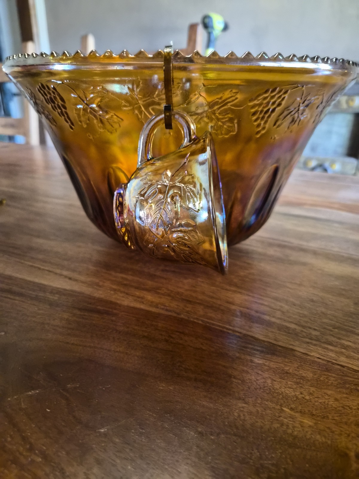 Amber Carnival Glass Grape Leaf Pattern Glossy Twelve-Piece Punch Bowl Set