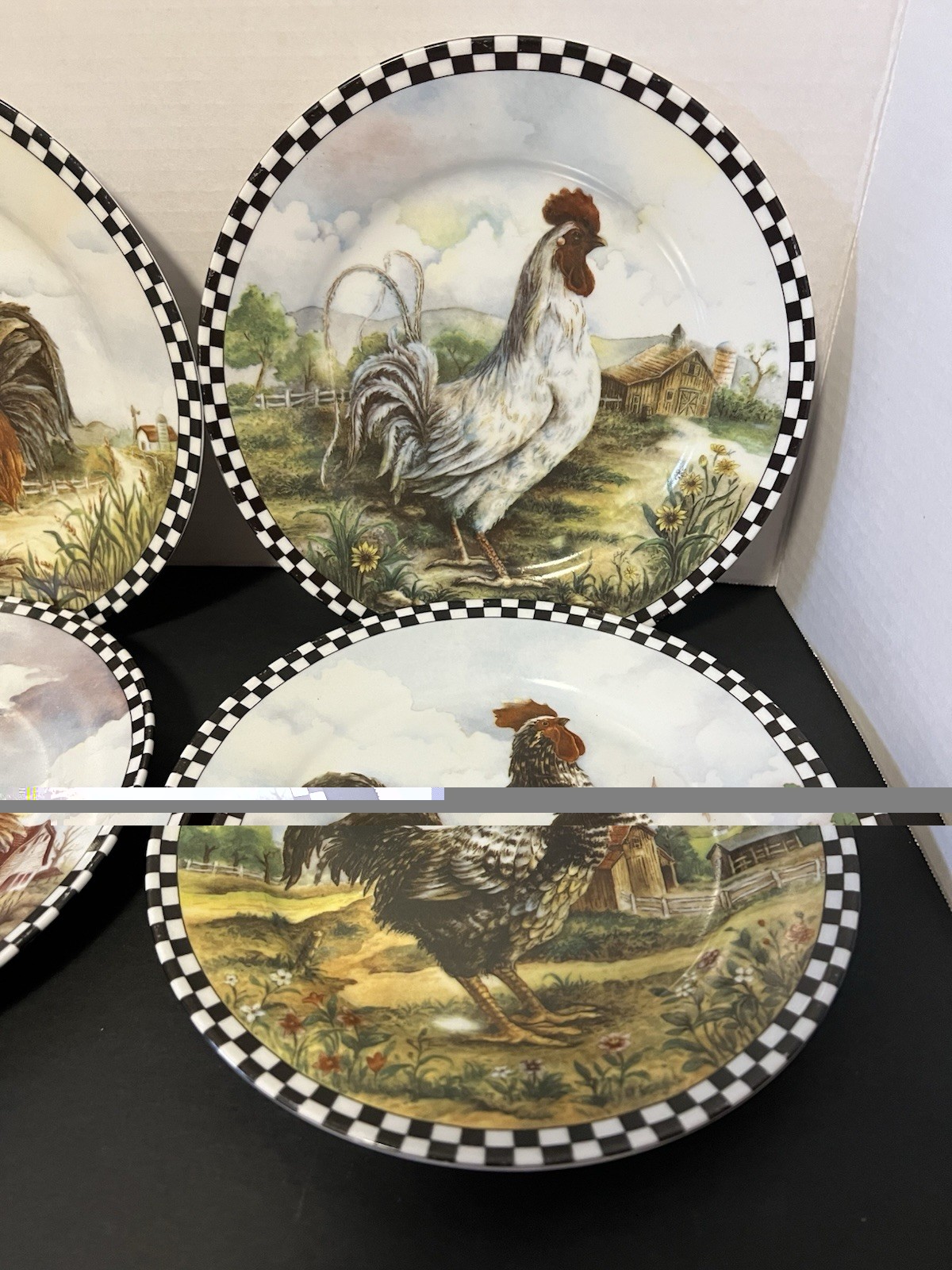 Farmhouse Set of 4 Ceramic Rooster Plates Rustic Black White Checker Border 8”W