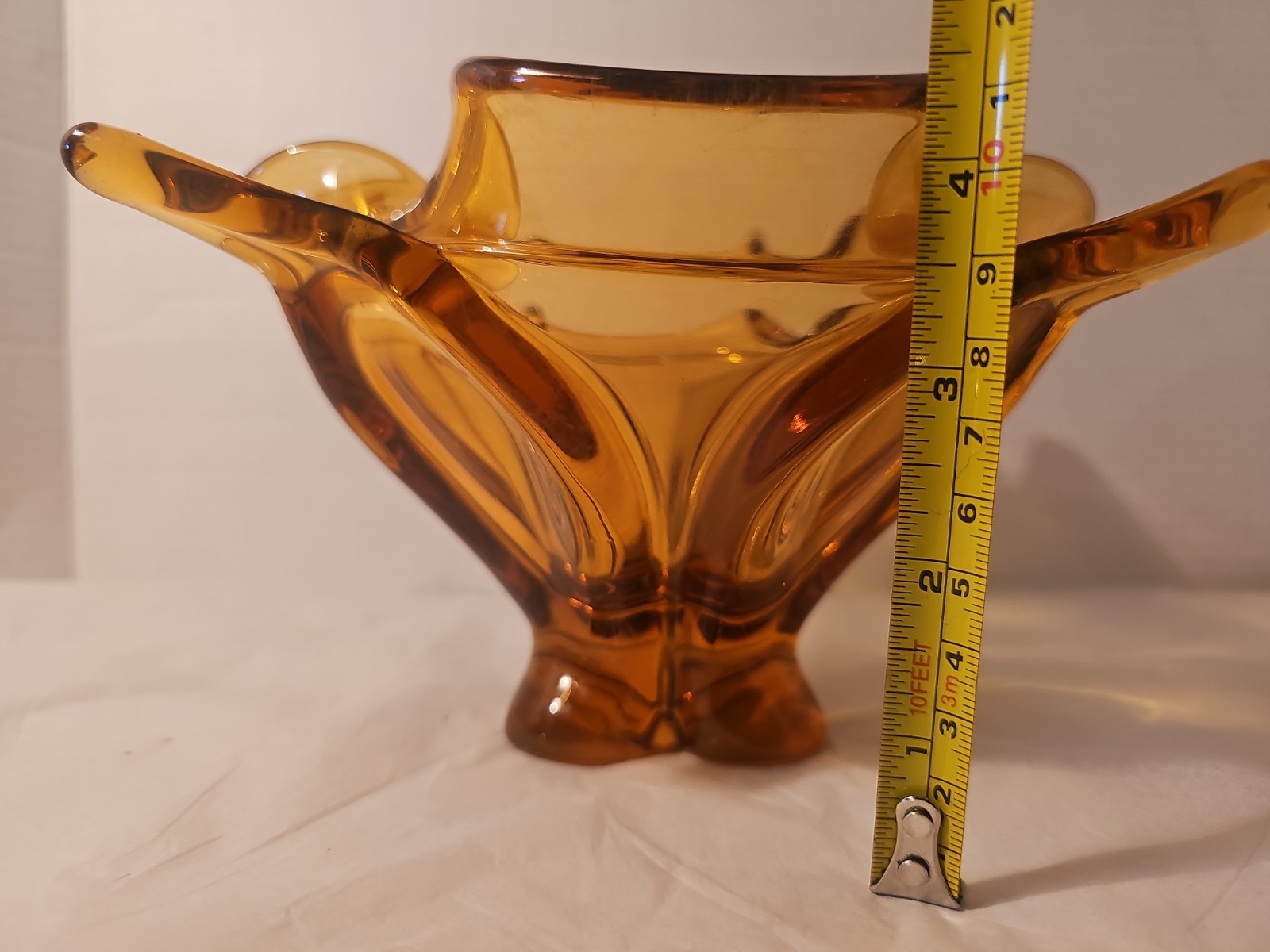Viking Amber Chalet Four Point Ruffled Art Glass Bowl Dish Tray Vintage 9.25 In
