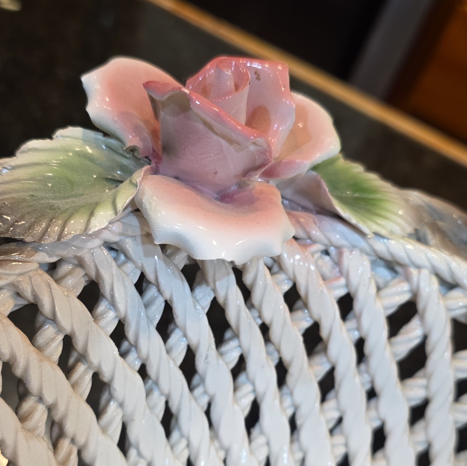 Italian capodimonte Pedestal reticulated basket Bowl with floral details.