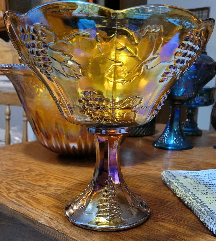 Amber Iridescent Carnival Glass Grape Pedestal Compote Bowl, Round Decor