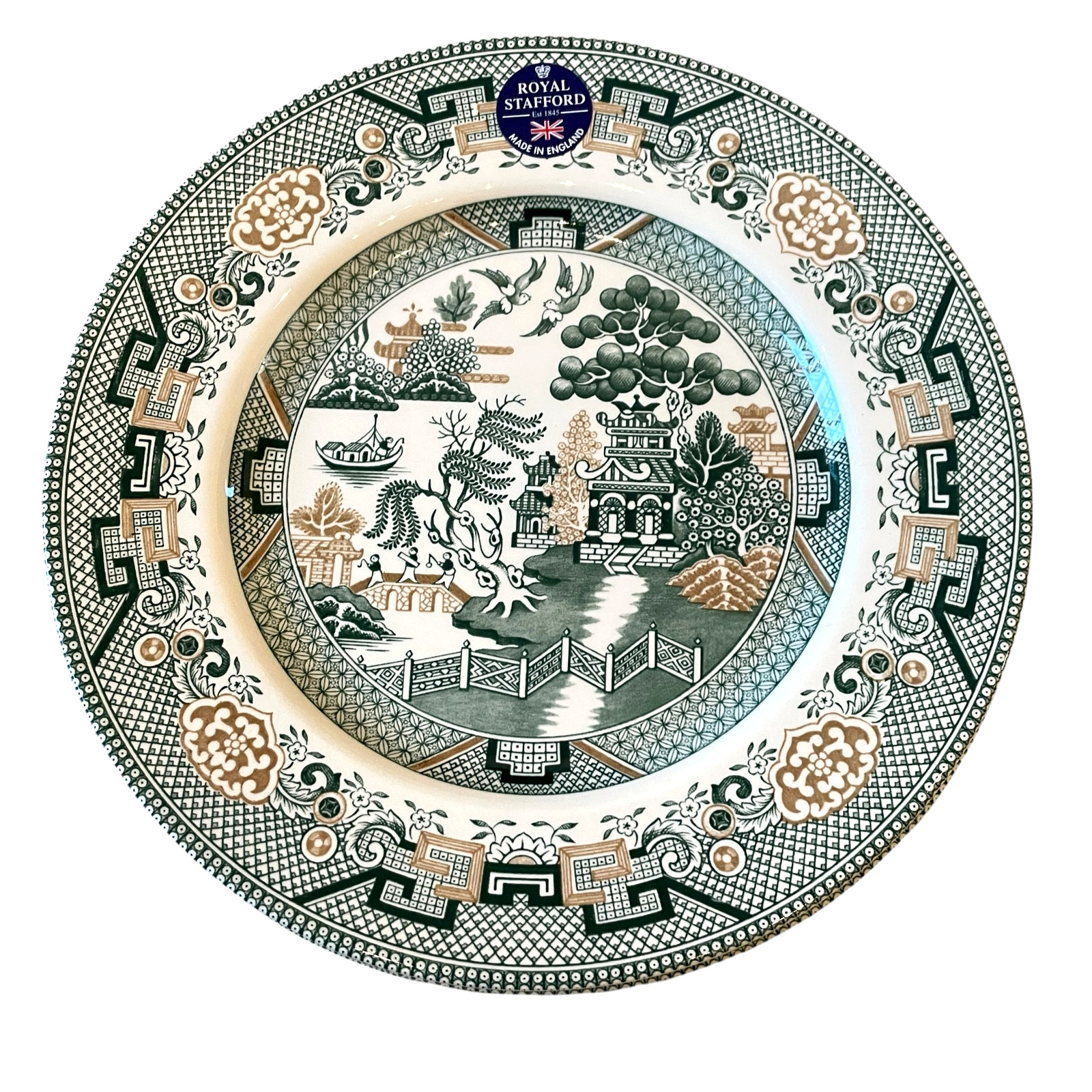 Royal Stafford Dinner Plates 11in Green & Gold Willow Pagoda Set of 4 New