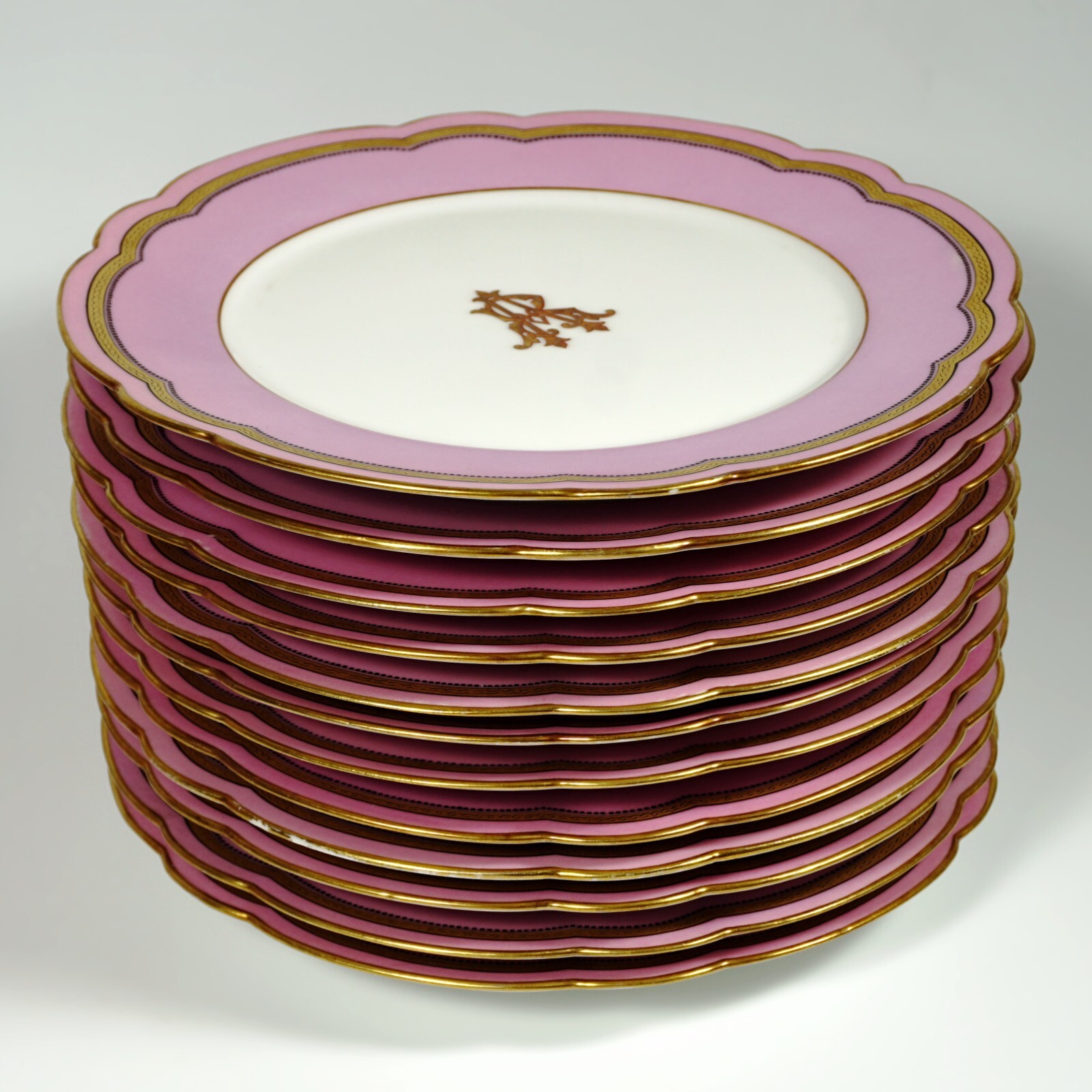 Antique French Old Paris Porcelain Pompadour Pink Dessert Service Plates Set