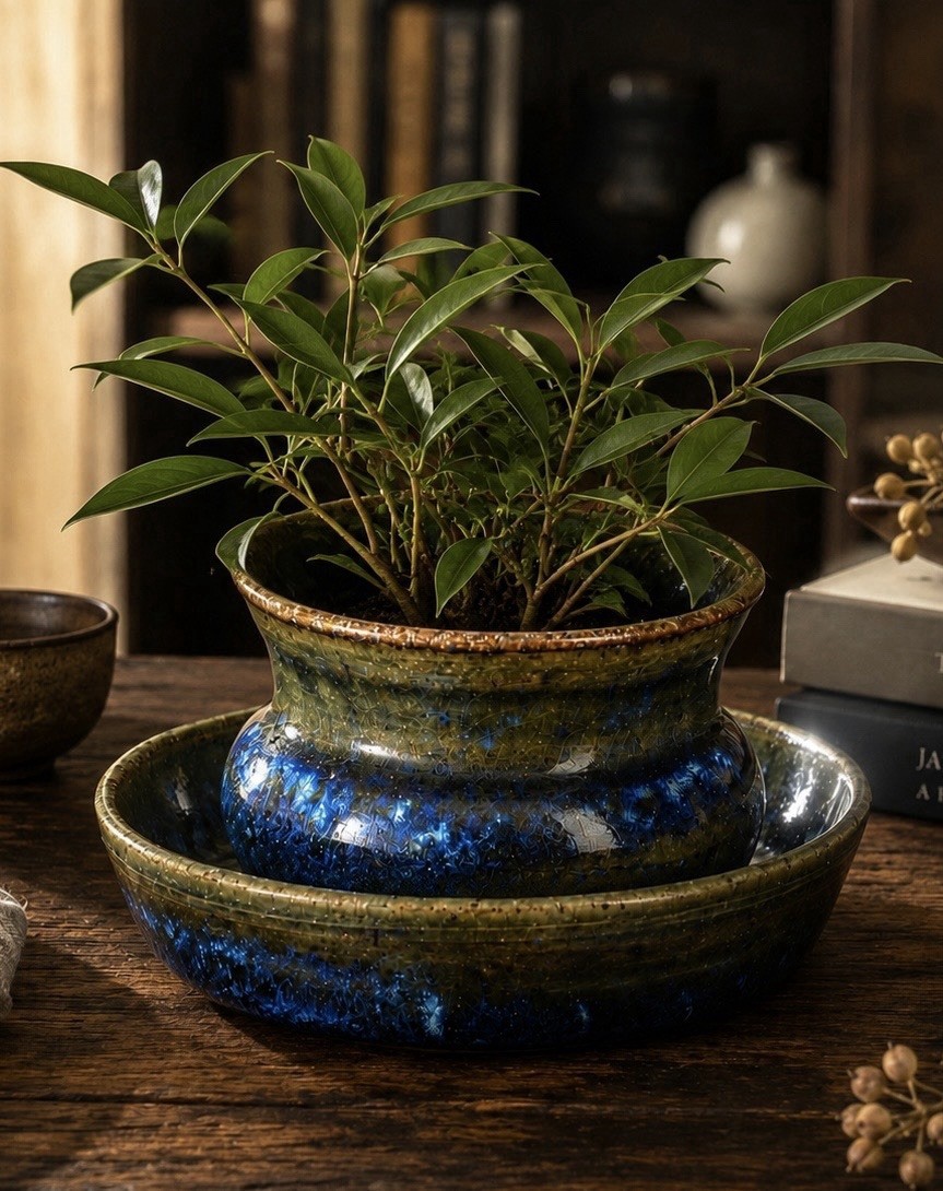 2 Pc Signed Studio Pottery Planter / Saucer Moody Blue Drip Ceramic Hand Thrown