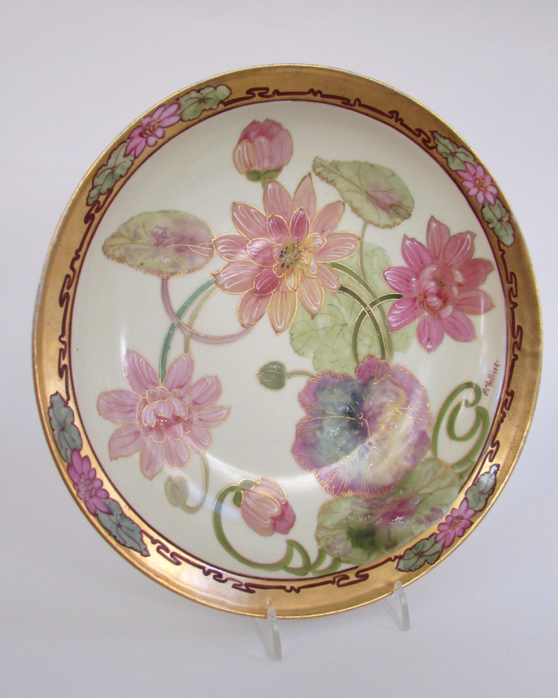J. P. Limoges France Pickard Pink Lotus Lily Pad Floral Bowl by E. Challinor 10″
