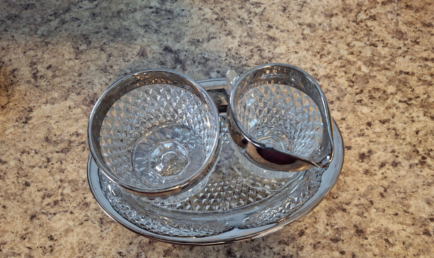Indiana DIAMOND POINT CRYSTAL w/ Silver FLASH FOOTED CREAMER & SUGAR w/ TRAY
