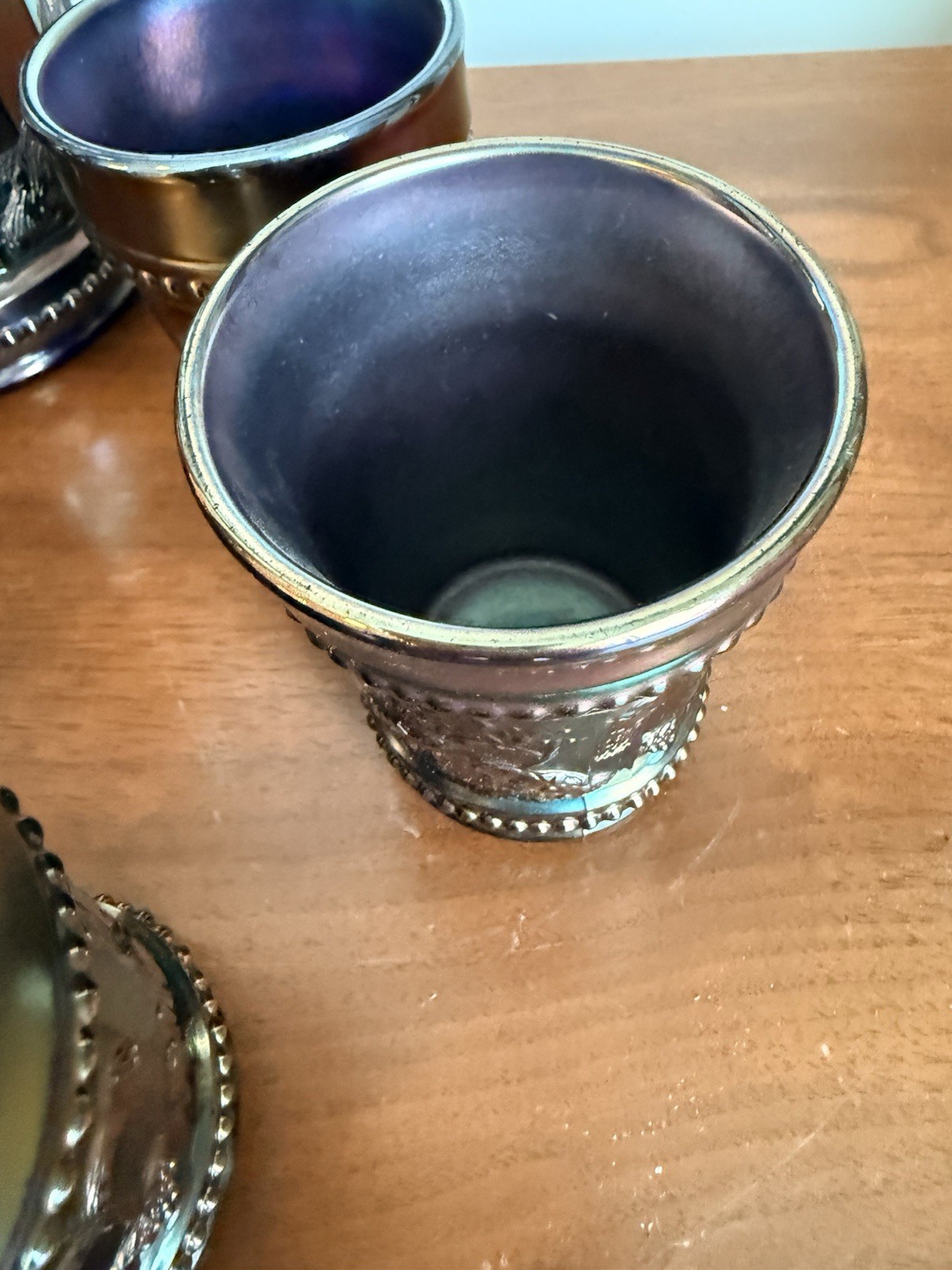 Antique Northwood Carnival Glass Peacock At The Fountain Pitcher & Tumblers Set