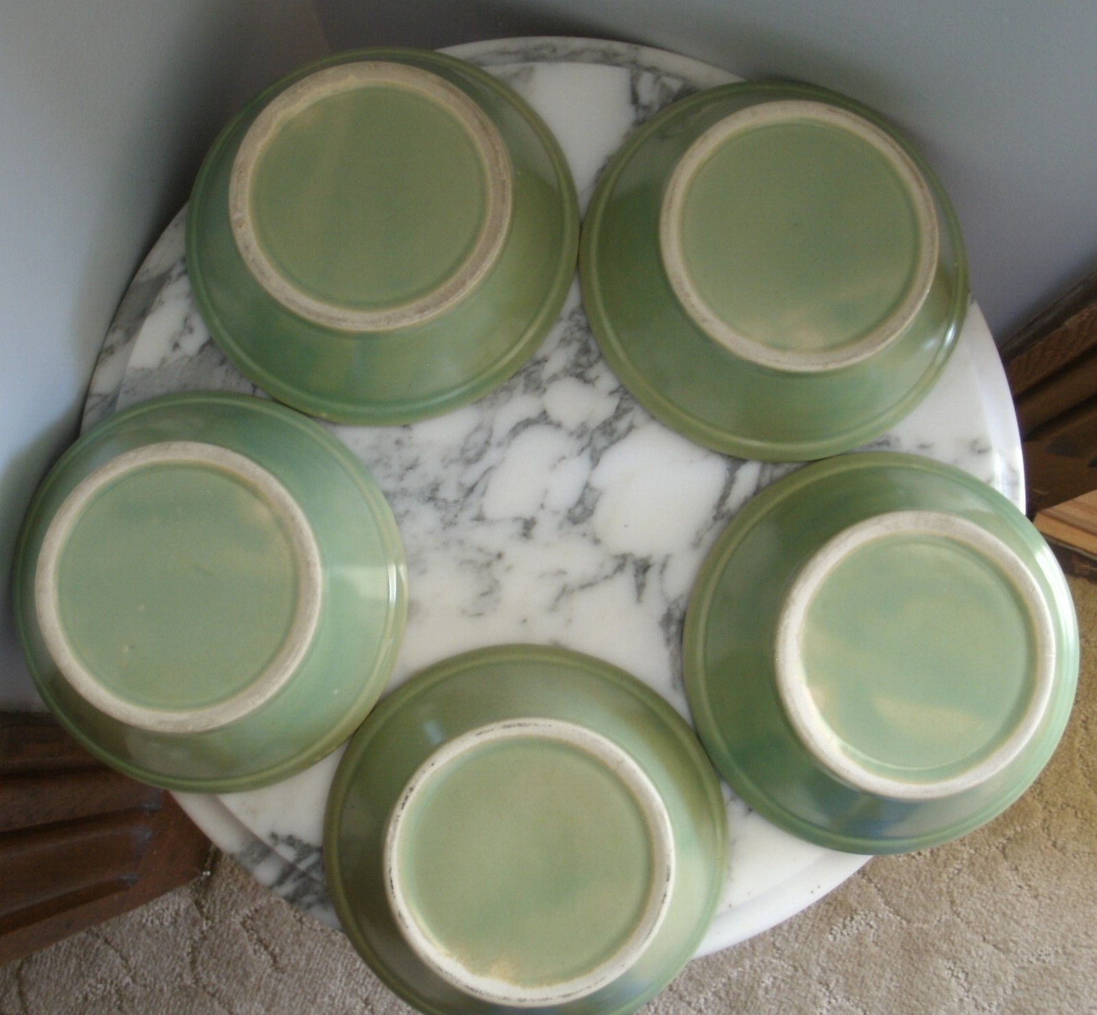 Set of FIVE Green Vintage La Solana Pottery Stoneware Oven Ware Soup Bean Bowl