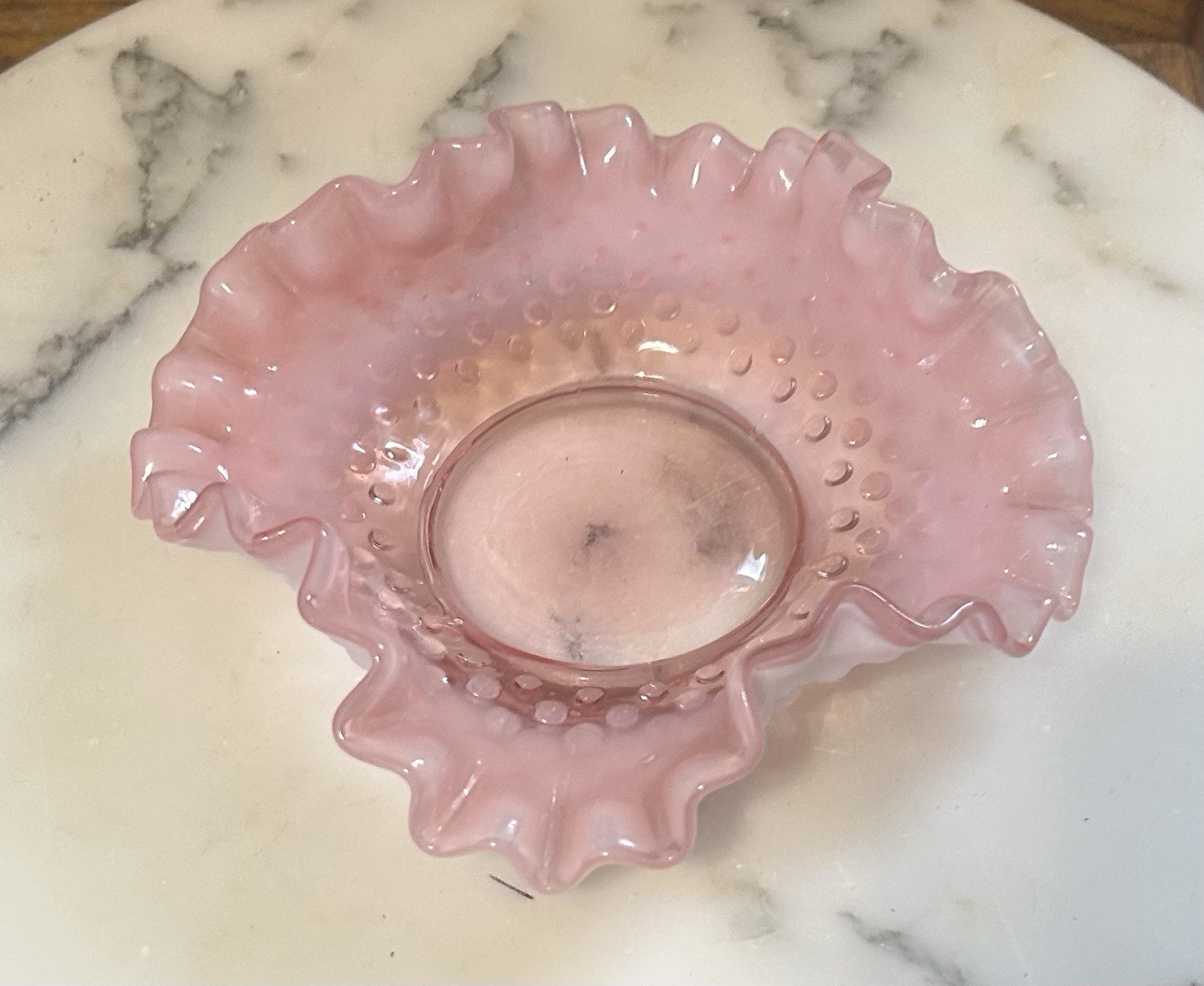 Vintage “FENTON” Ruffled Edge Pink Cranberry Opalescent 6” Hobnail Candy Dish