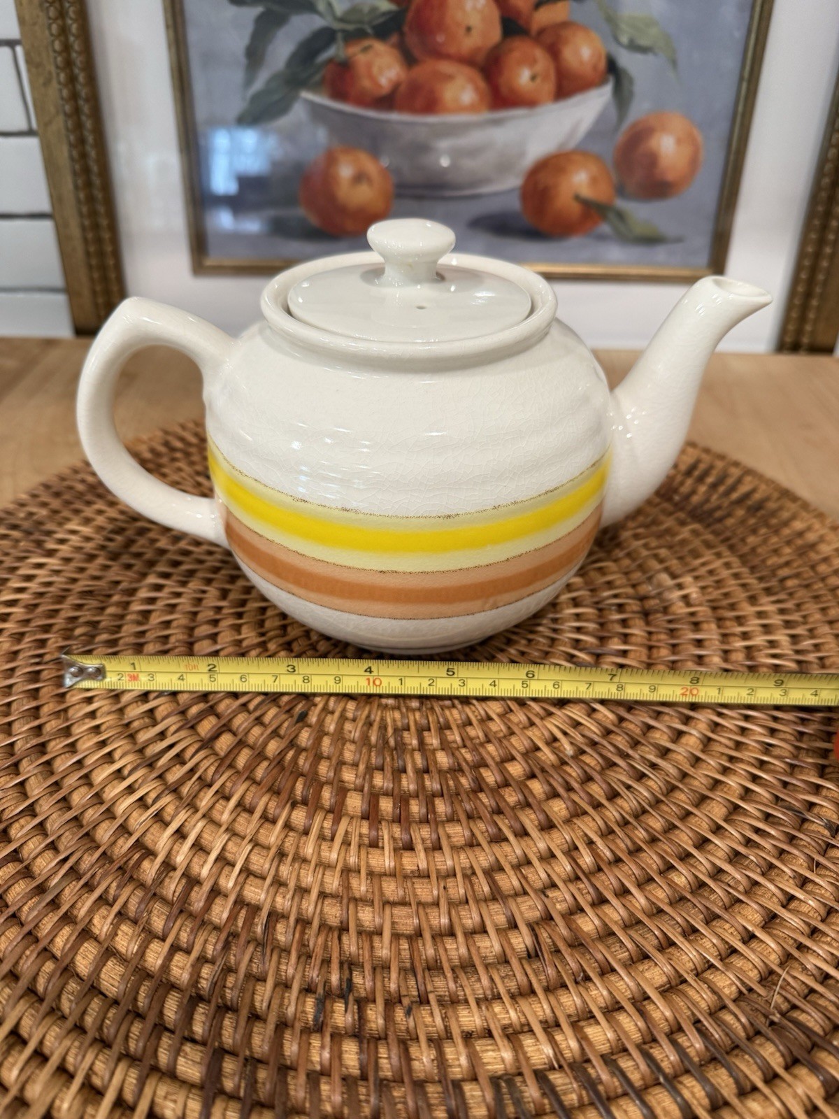 Vintage Teapot Tea Pot Stoneware Japan w/ Lid Ceramic Pottery Orange Stripe