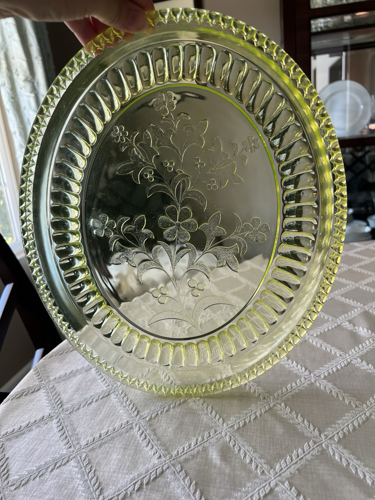 EPAG Adams & Co Vaseline Glass Oval Platter. Wildflower Pattern.