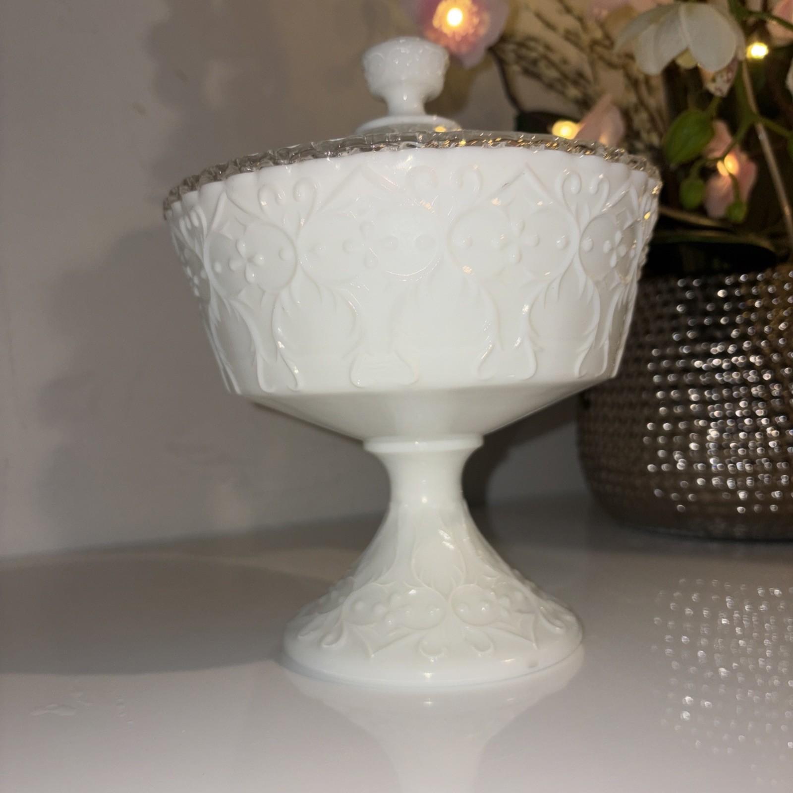 Fenton Milk Glass Silver Crest W/ Spanish Lace Footed Compote Candy Dish W/Lid