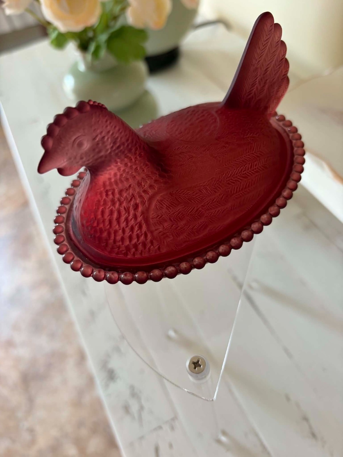 Burgandy Glass Hen on a Nest HON Covered Dish Satin Matte Pressed Glass Oval 5”