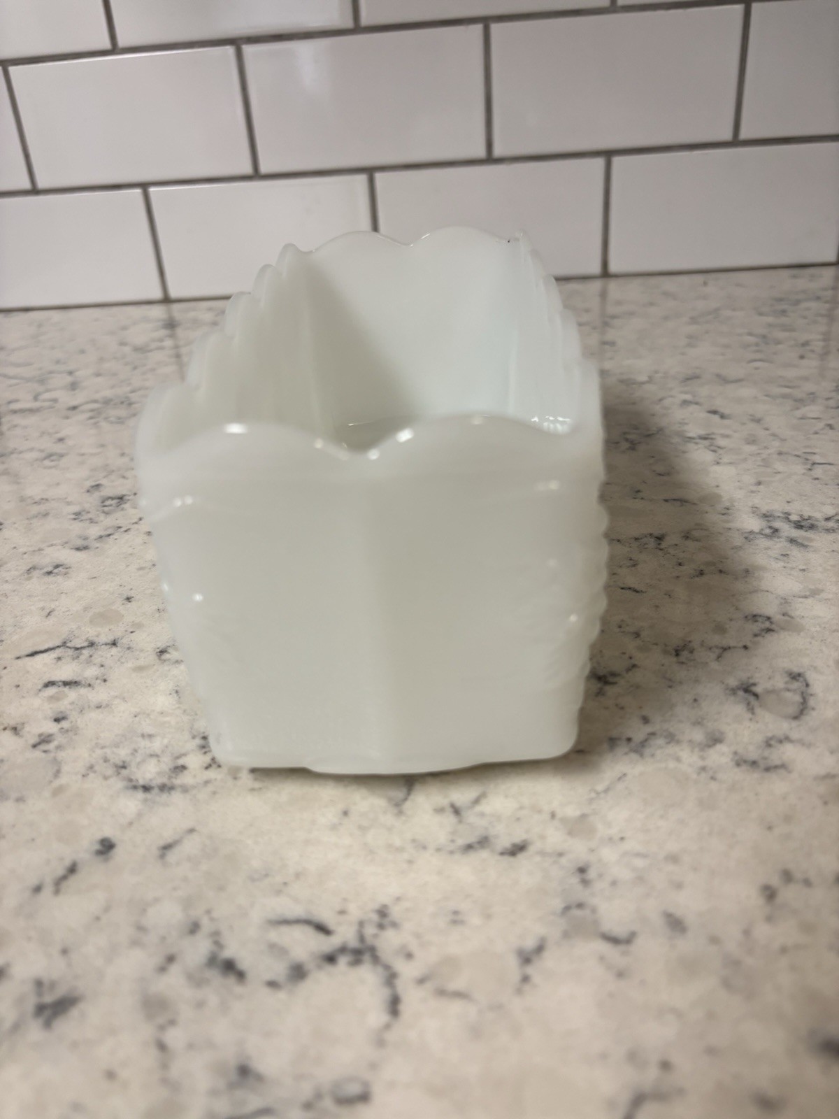 Anchor Hocking Fire King milk glass rectangular dish with grape pattern.