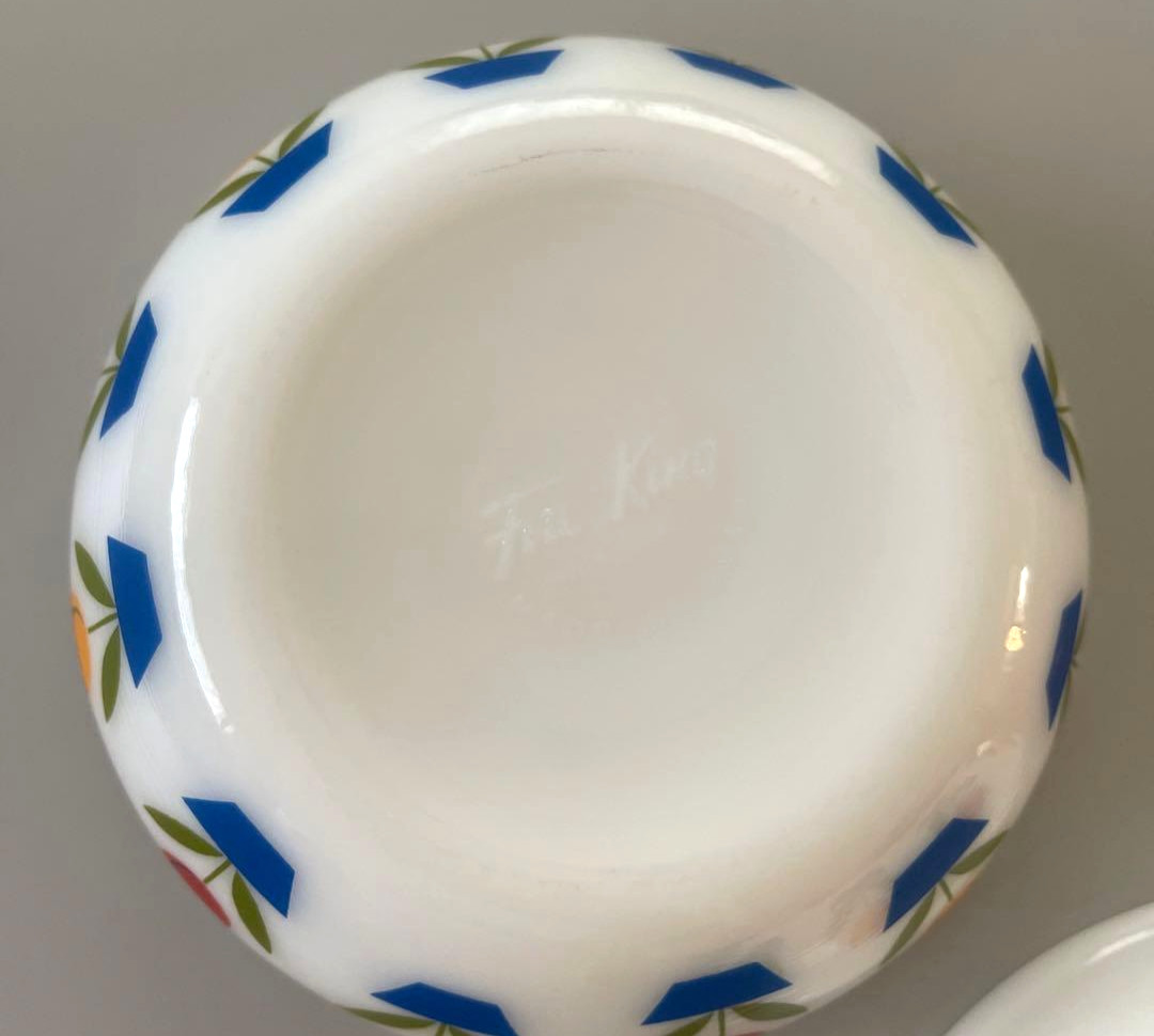 Fire-King 15oz Tulip Bowl Printed Milk Glass Ware Set of 2 Vintage Japan Retro