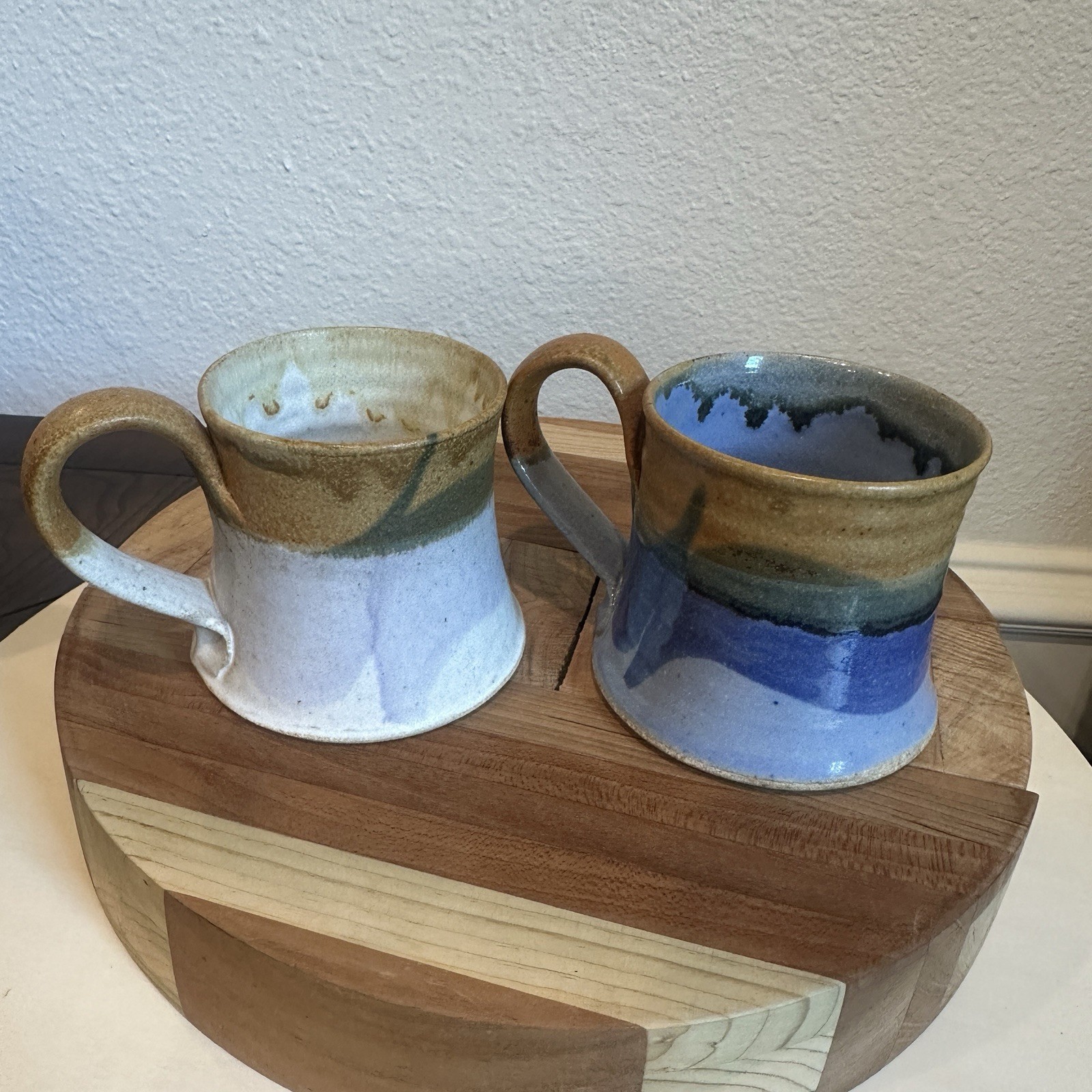Studio Art Pottery Mugs Set 4 Signed KH Blue Beige Brown Hand Thrown Drip Glaze