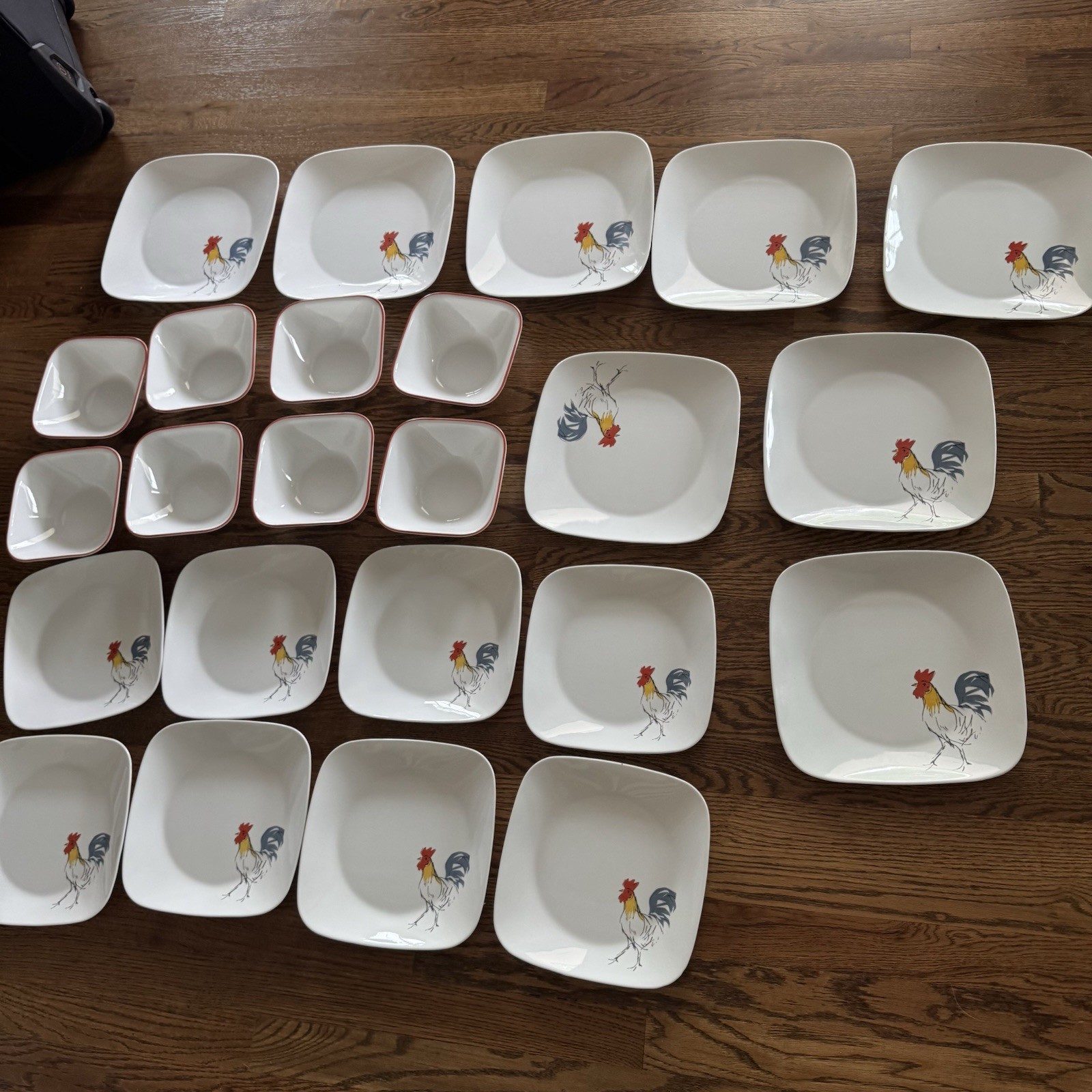 24 PC SET Corelle Square Rooster Country Dawn Dinner Plates And Square Bowls