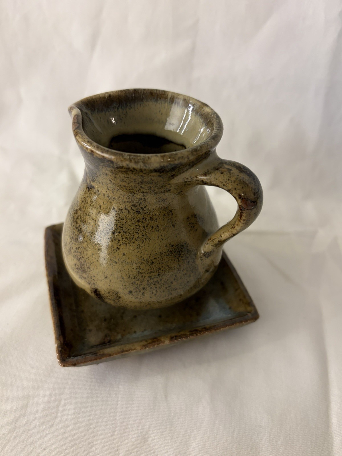 Small Vintage Pottery Creamer Pitcher & Saucer Green & Brown Set