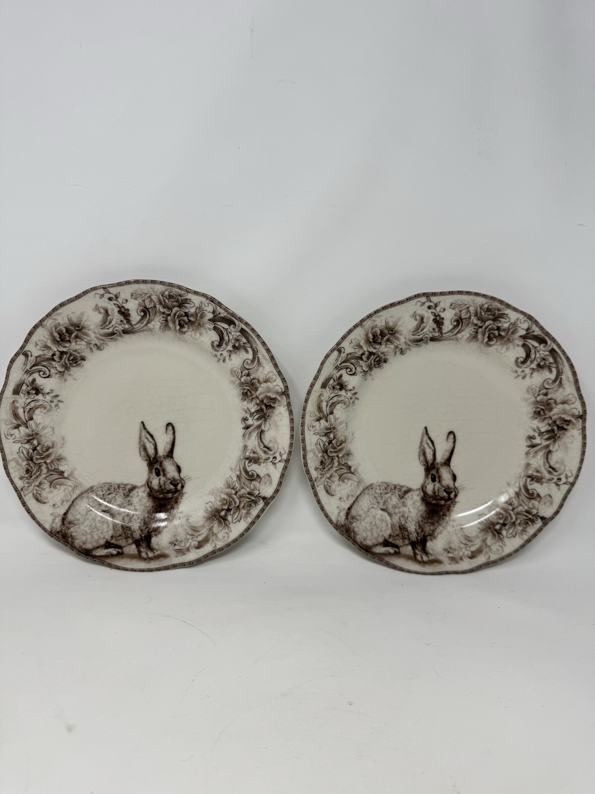 2 222 Fifth Bunny Arabella Brown & White Porcelain Salad Plates 8.5” Easter