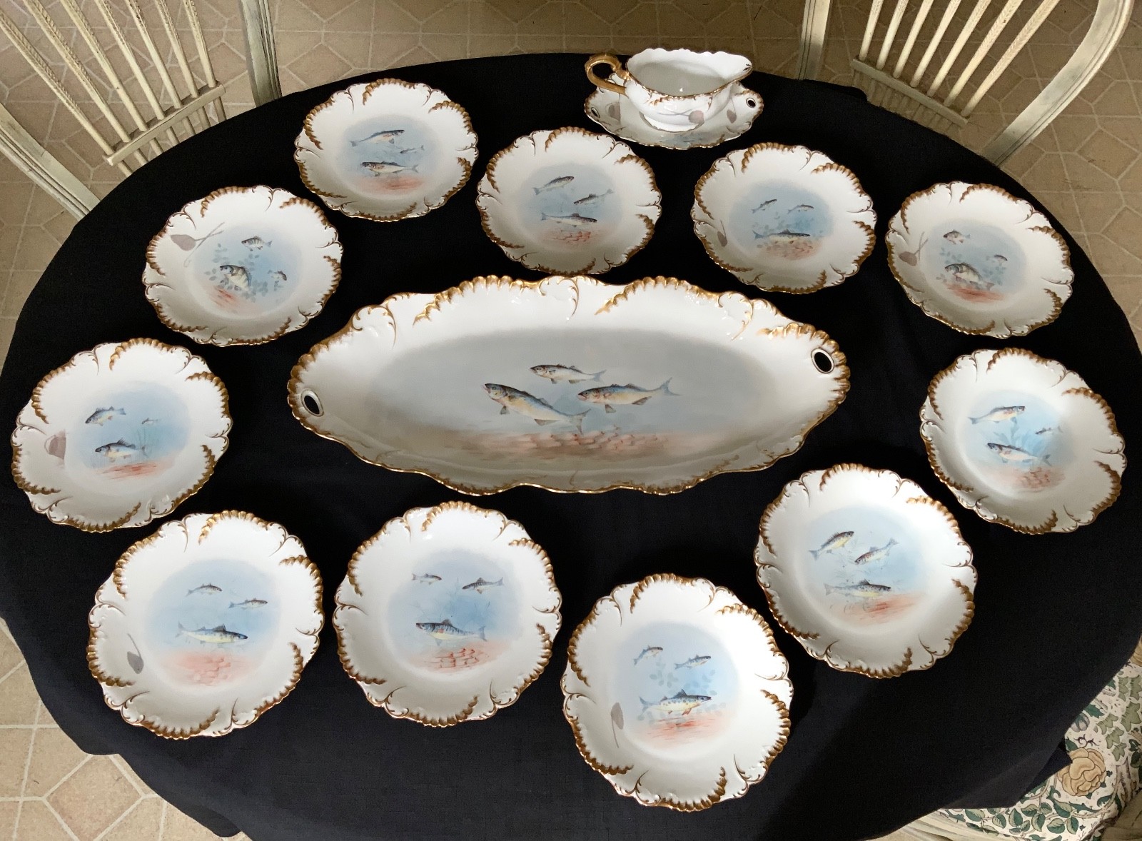LAVIOLETTE ELITE LIMOGES FISH PLATTER & PLATE SET C.1896-1905 HIGGINS & SEITER