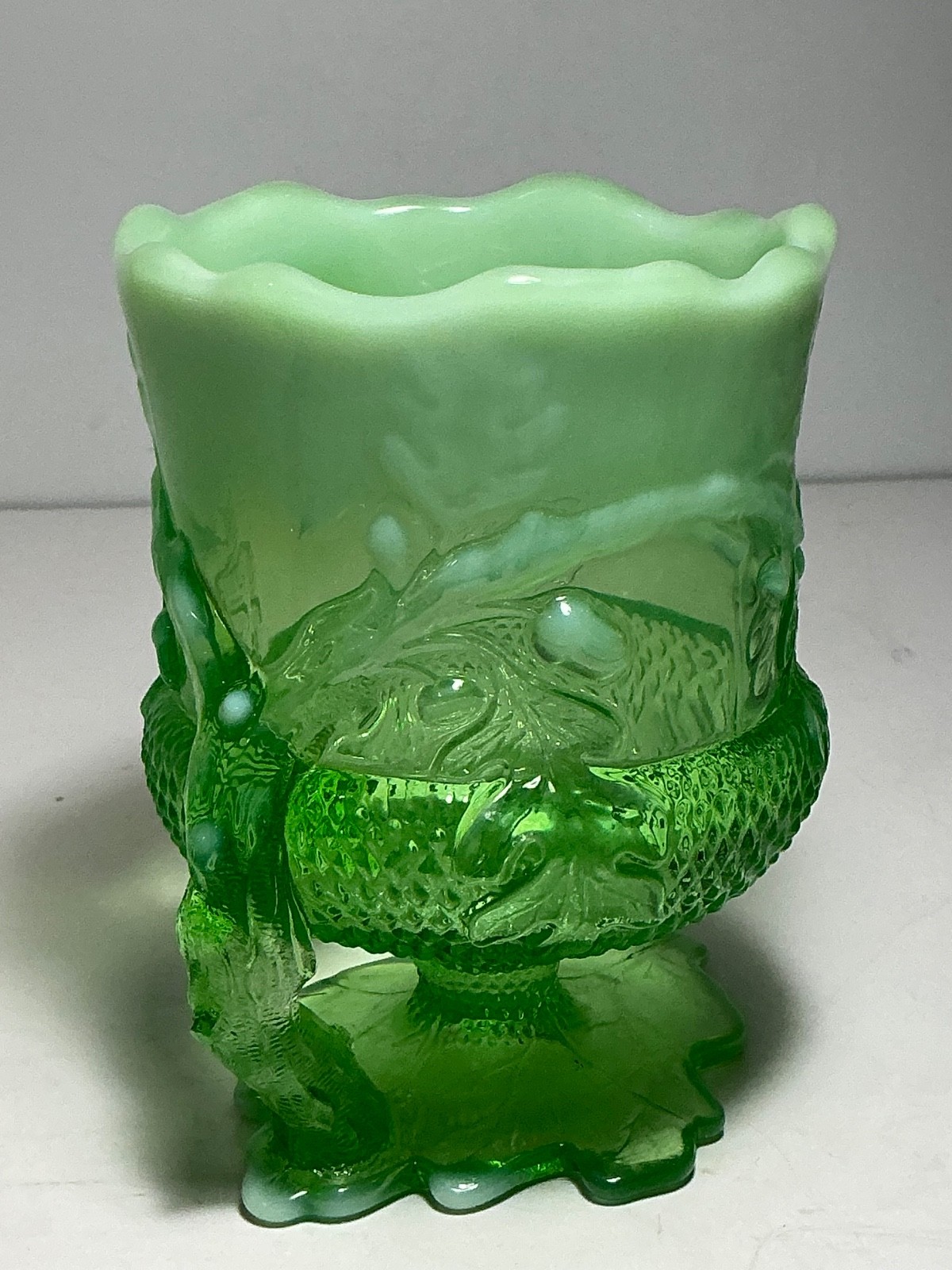 Vintage Mosser Glass Green Glass Acorn & Oak Pattern Spooner 5 in.