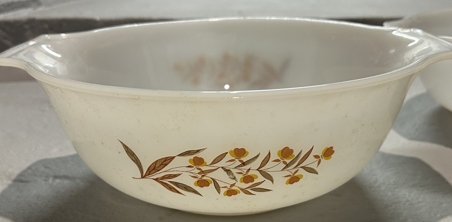 Glasbake 4 Mixing Bowls Autumn Leaf Pattern VTG 1961-1963 J235 w/ Original Box