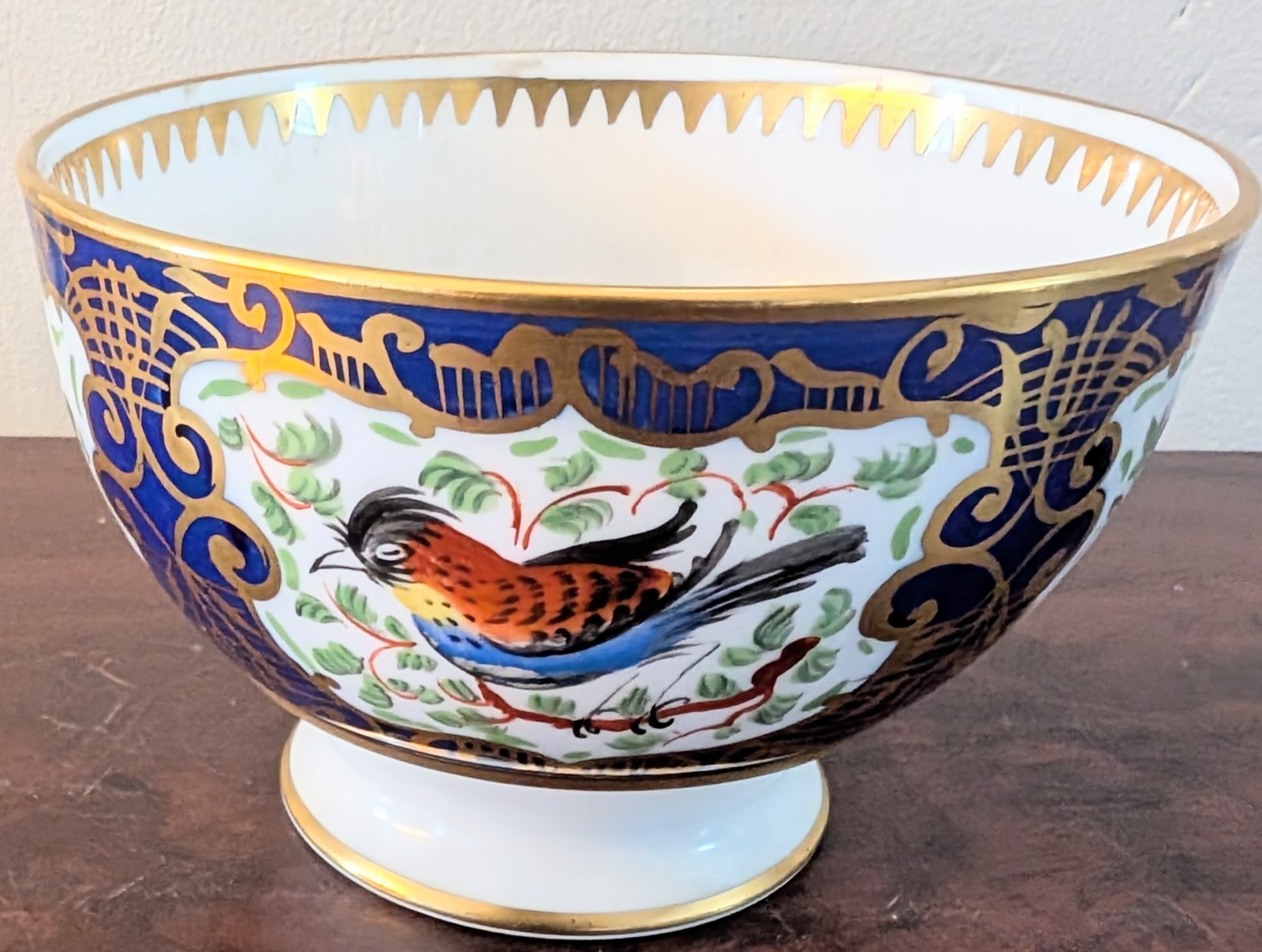 Antique 19th Century Porcelain Blue Ground Exotic Fancy Bird Bowl, Waste Bowl