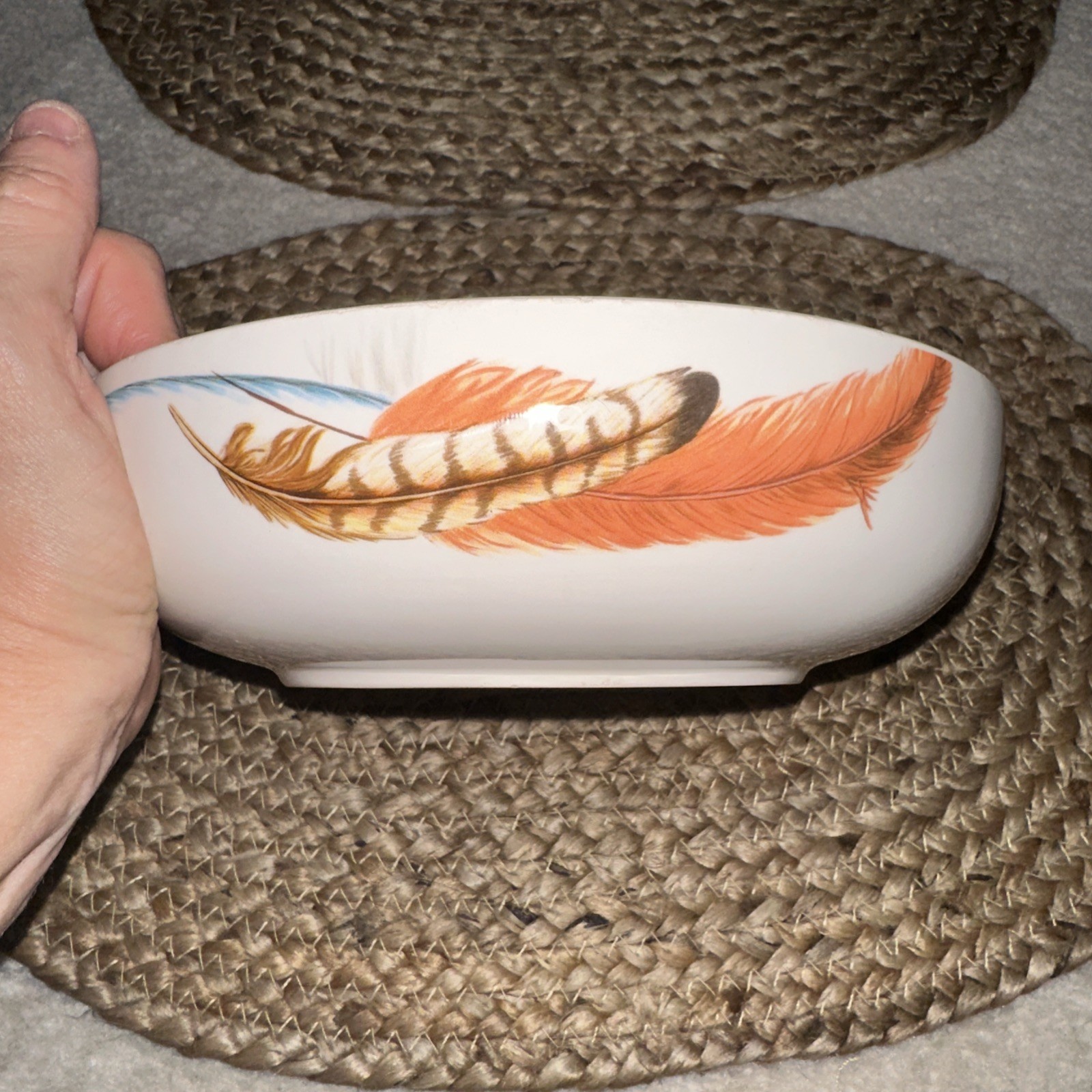 Pier 1 Imports Ironstone Feather 8” Bowl Wrap Around Design Boho Discontinued