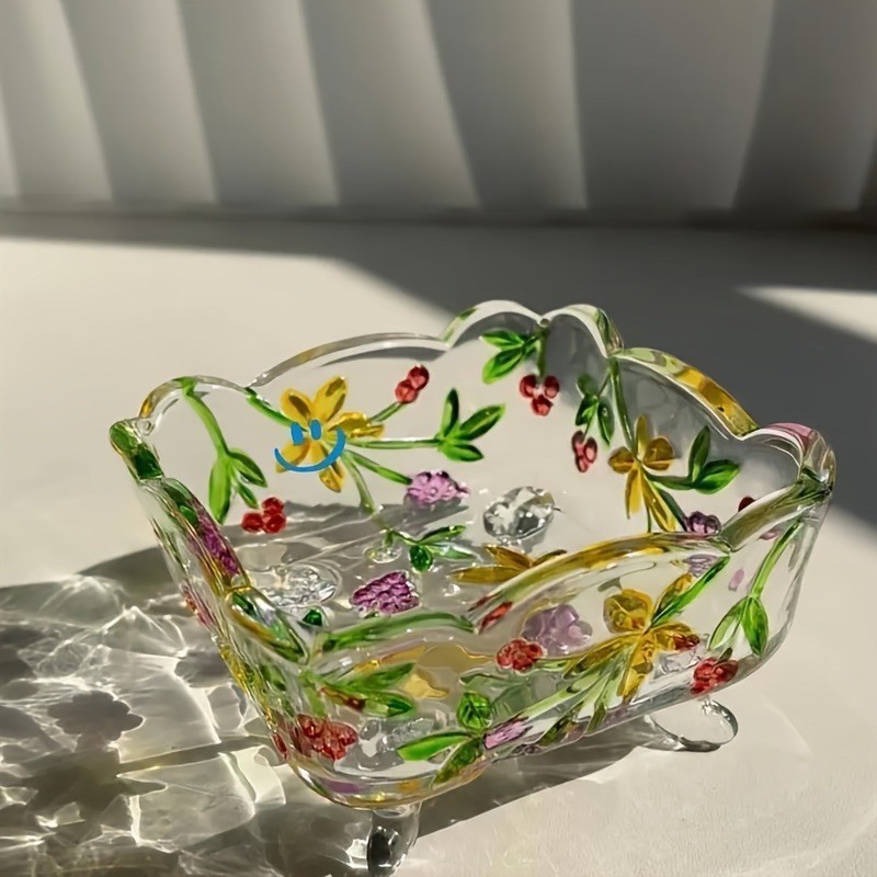 Vintage Glass Salad Bowl With Floral Serving Dish Fruit Bowl Colorful Home Decor