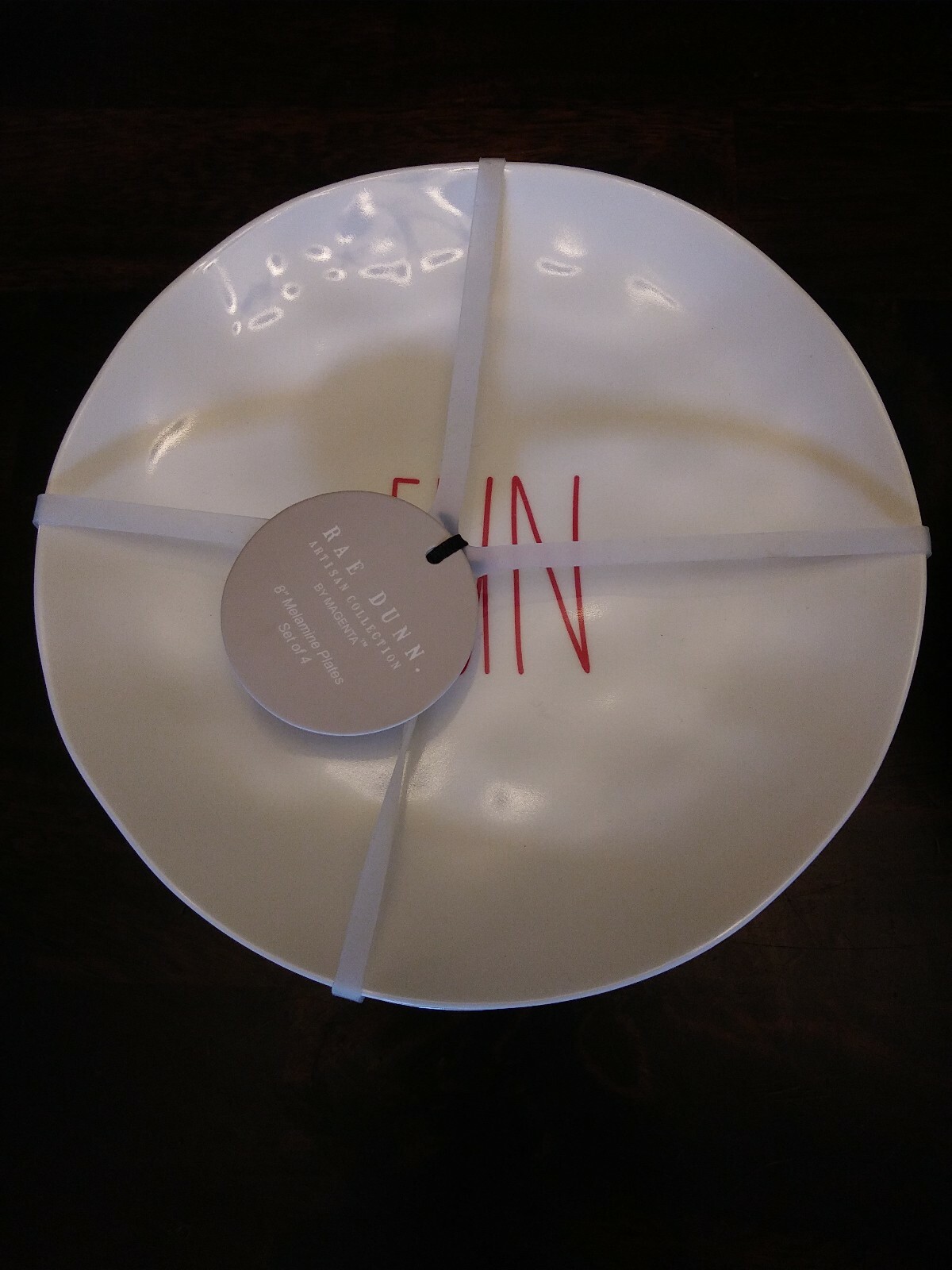 Rae Dunn 8″ Plate Set of 4 FUN Melamine Artisan Collection Magenta Holiday