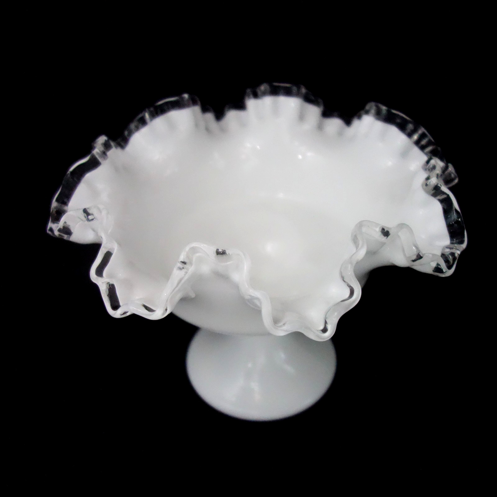 Vintage Fenton Silver Crest Milk Glass Footed Pedestal Bowl Ruffled Edge 6″ Tall