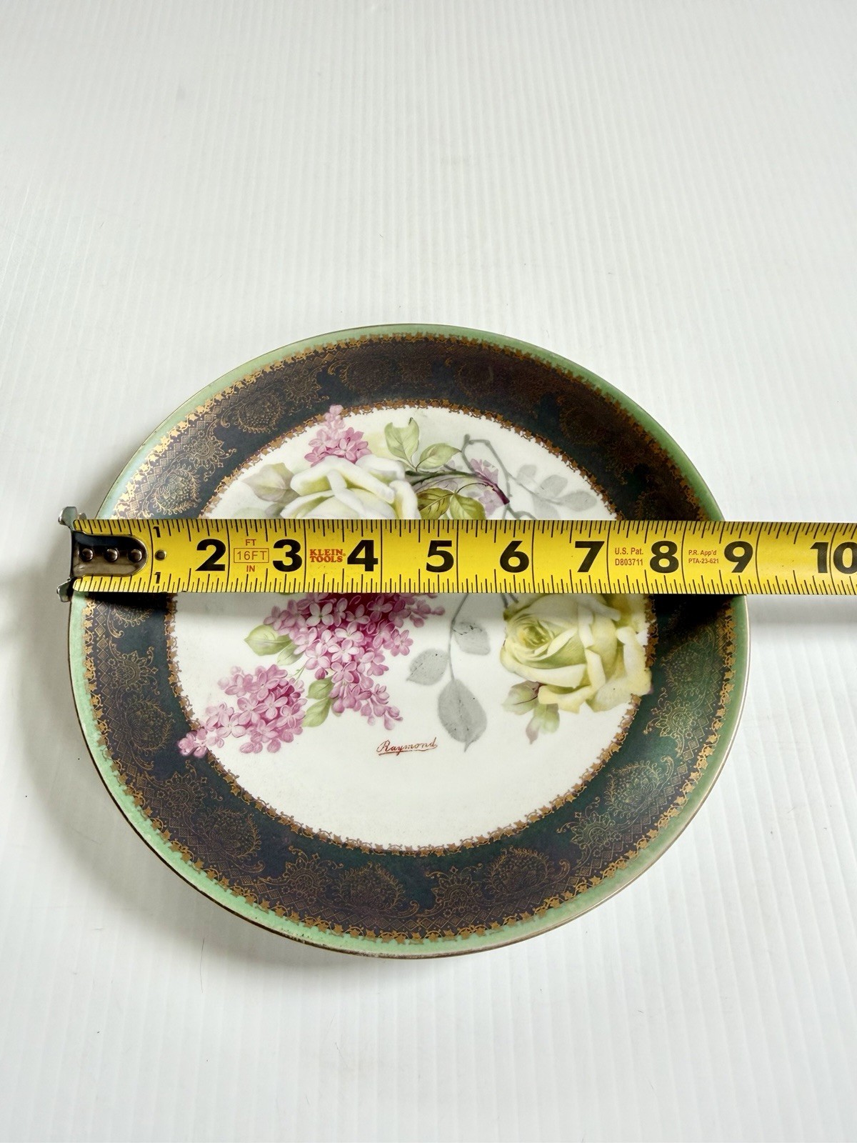 Vintage MC CO Painted Plate Roses w/Dark Green & Gold Border, Signed Raymond