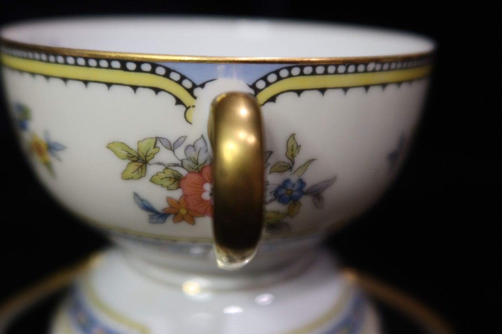 Noritake Mayflower 6 Cream Soup Bowls Rust & Blue Flowers Gold Trim 3 5/8″ Wide