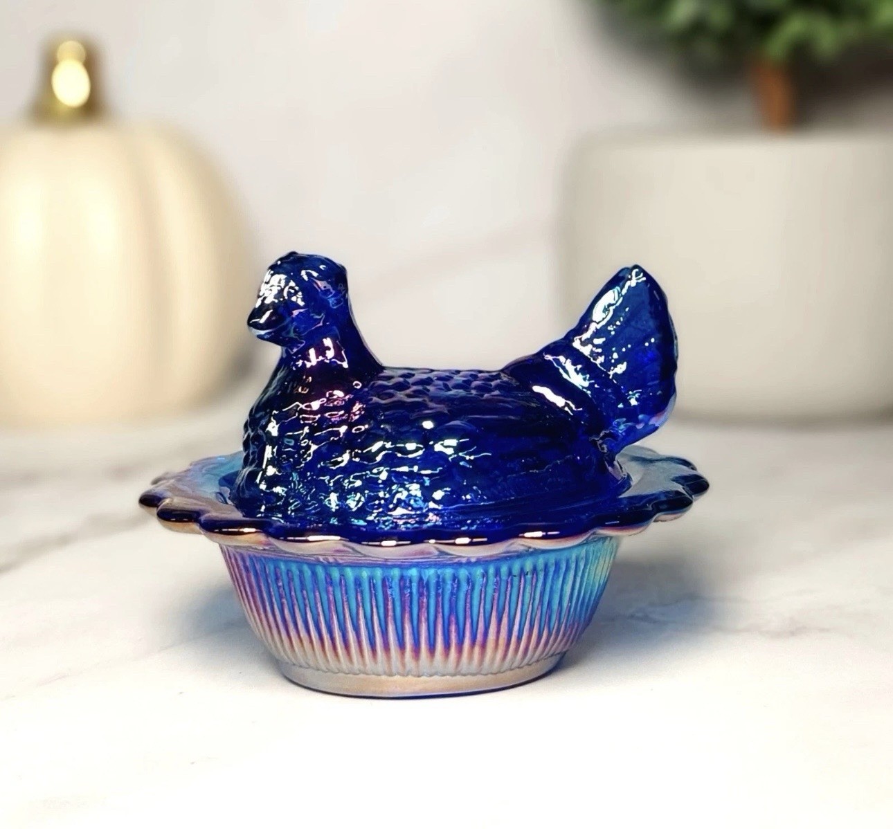 Mosser Cobalt Blue Carnival Glass Hen on Nest Salt Dish, Mini Chicken, VTG Style